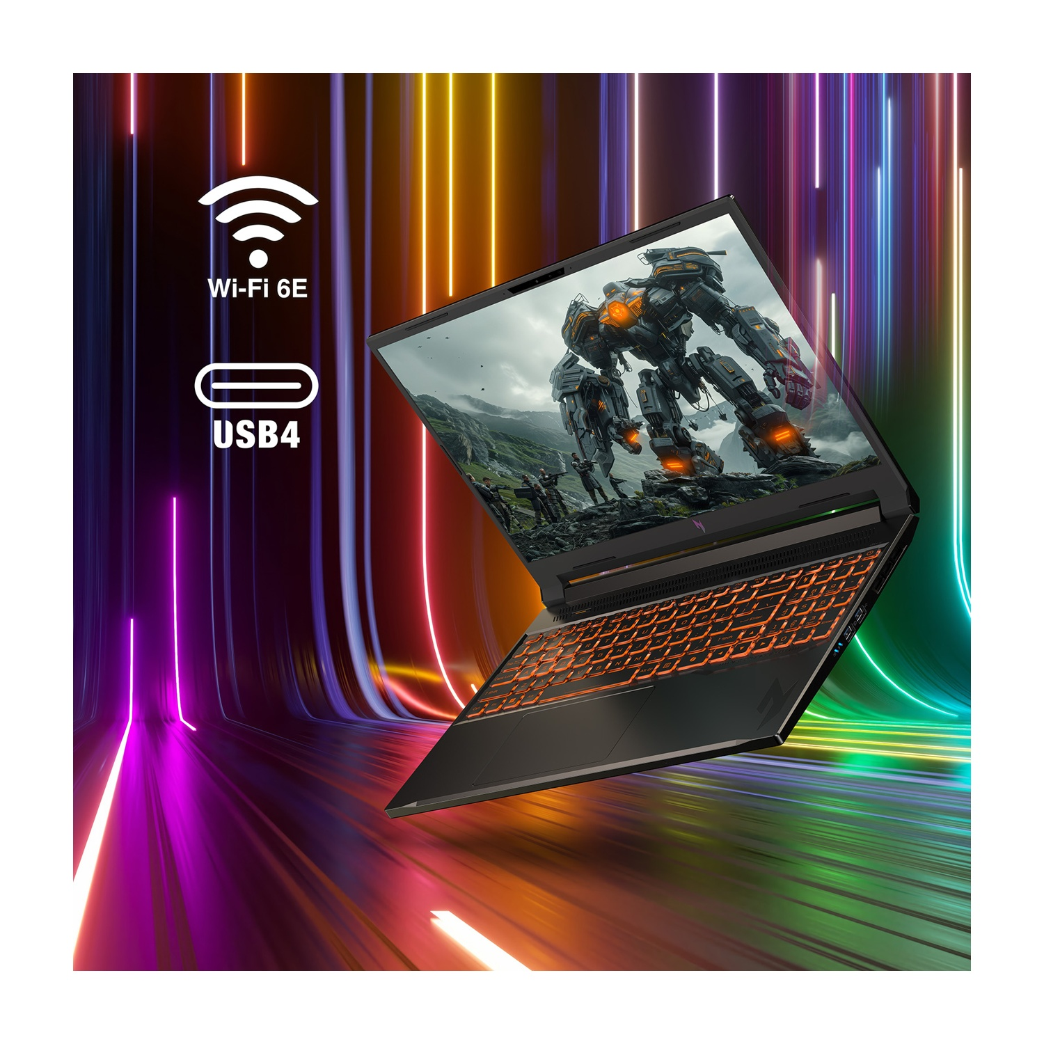 Un laptop mostra un'immagine di un mech, con simboli Wi-Fi 6E e USB4. Ha una tastiera retroilluminata arancione, su uno sfondo neon colorato.