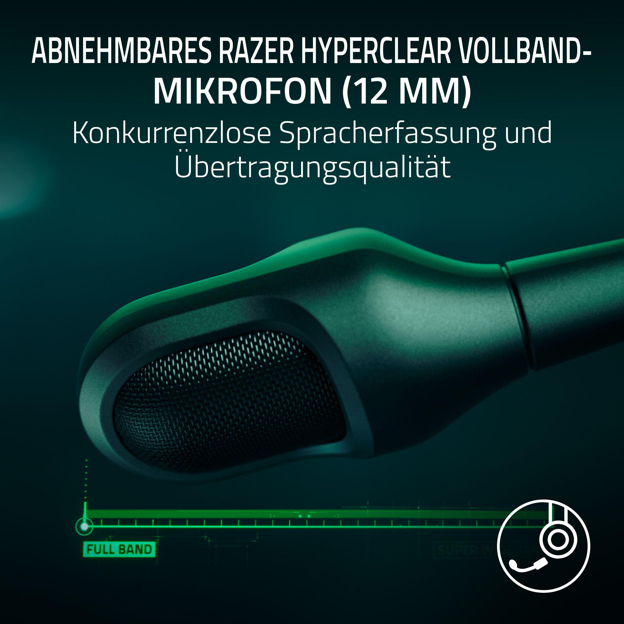 Nahaufnahme eines schwarzen Mikrofons mit Netzabdeckung. Text oben und eine grüne Schallwellengrafik unten.