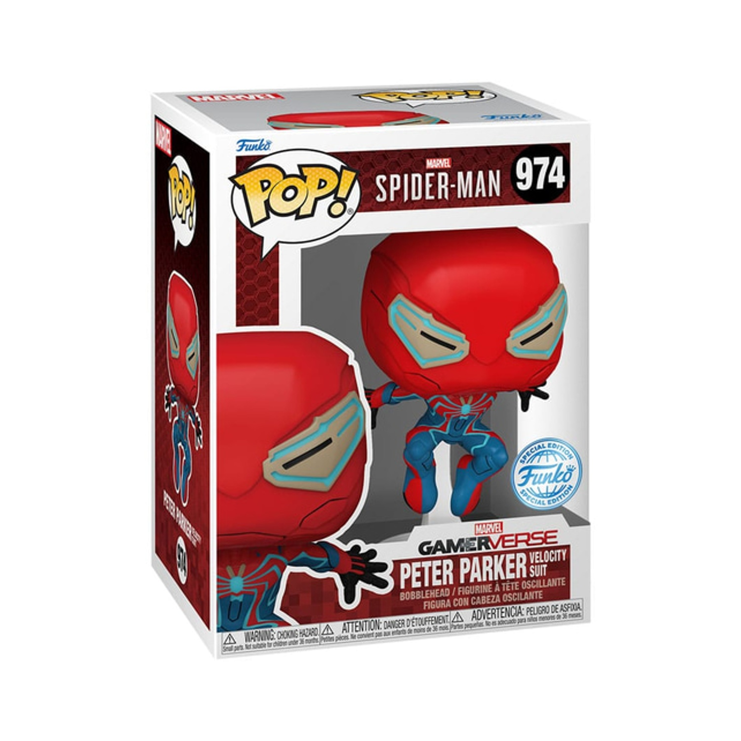 Una scatola Funko Pop con Spider-Man in un costume rosso e blu. La scatola ha il logo Marvel e dice 'Peter Parker Velocity Suit'.