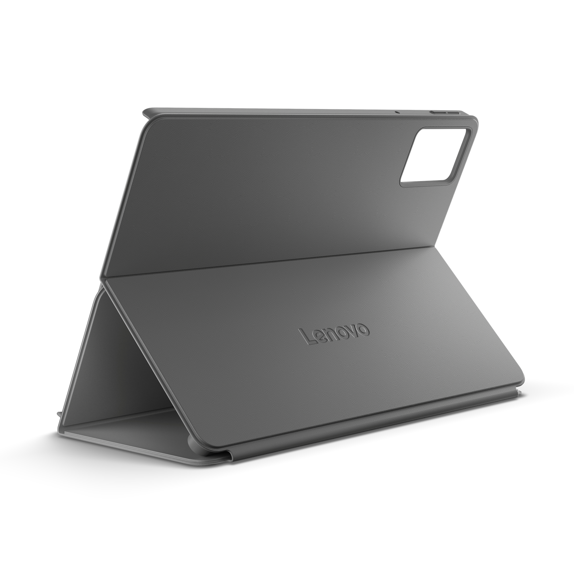 Eine graue Lenovo-Tablethülle wird geöffnet gezeigt. Die Hülle ist abgewinkelt und zeigt das Lenovo-Logo und einen Kameraausschnitt.