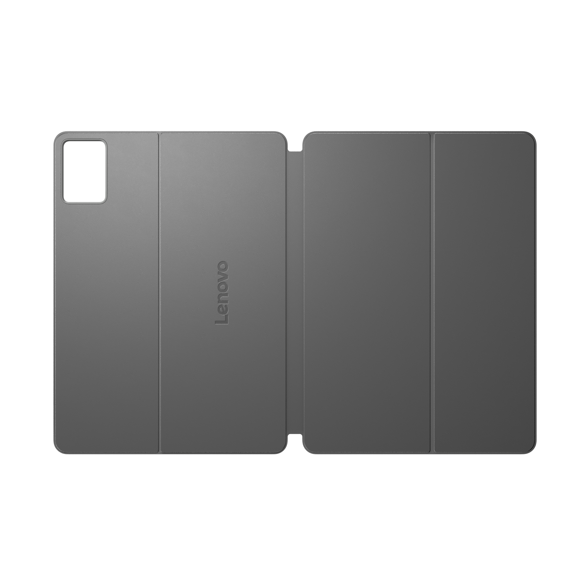 Geöffnete graue Lenovo-Tablethülle. Die Hülle hat einen Kameraausschnitt. Das Lenovo-Logo ist sichtbar.