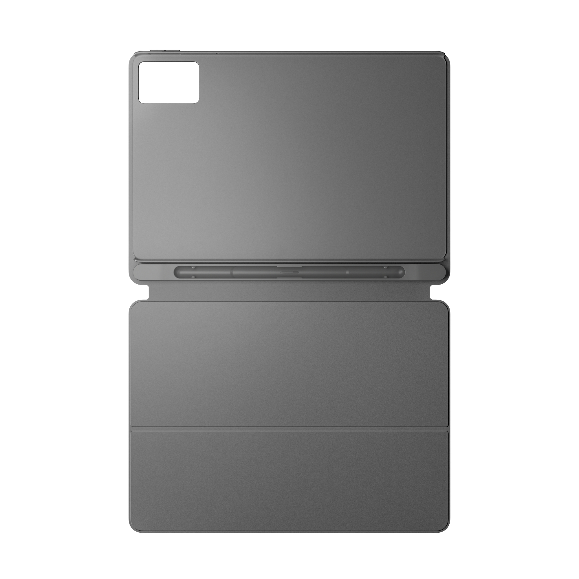 Eine graue Tablethülle, geöffnet, mit oberem Deckel, Kameraausschnitt und gefaltetem unterem Deckel.
