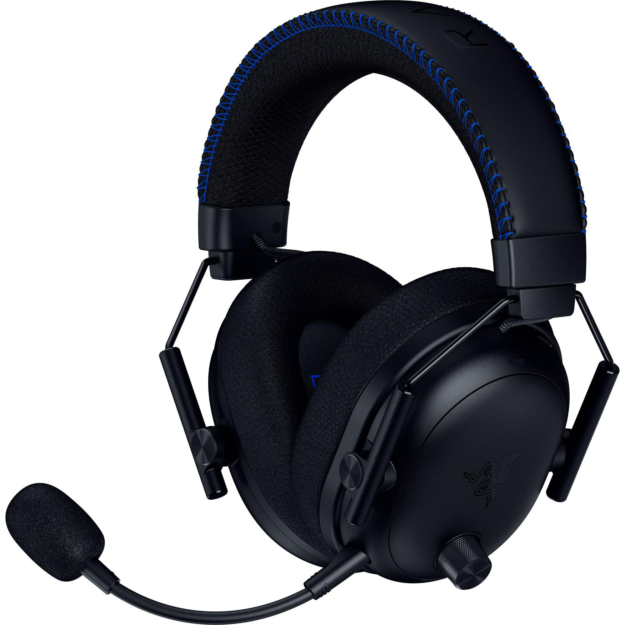 Schwarzes Razer-Gaming-Headset mit blauen Nähten am Kopfbügel und Mikrofon. Das Razer-Logo ist auf dem Ohrmuschel sichtbar.