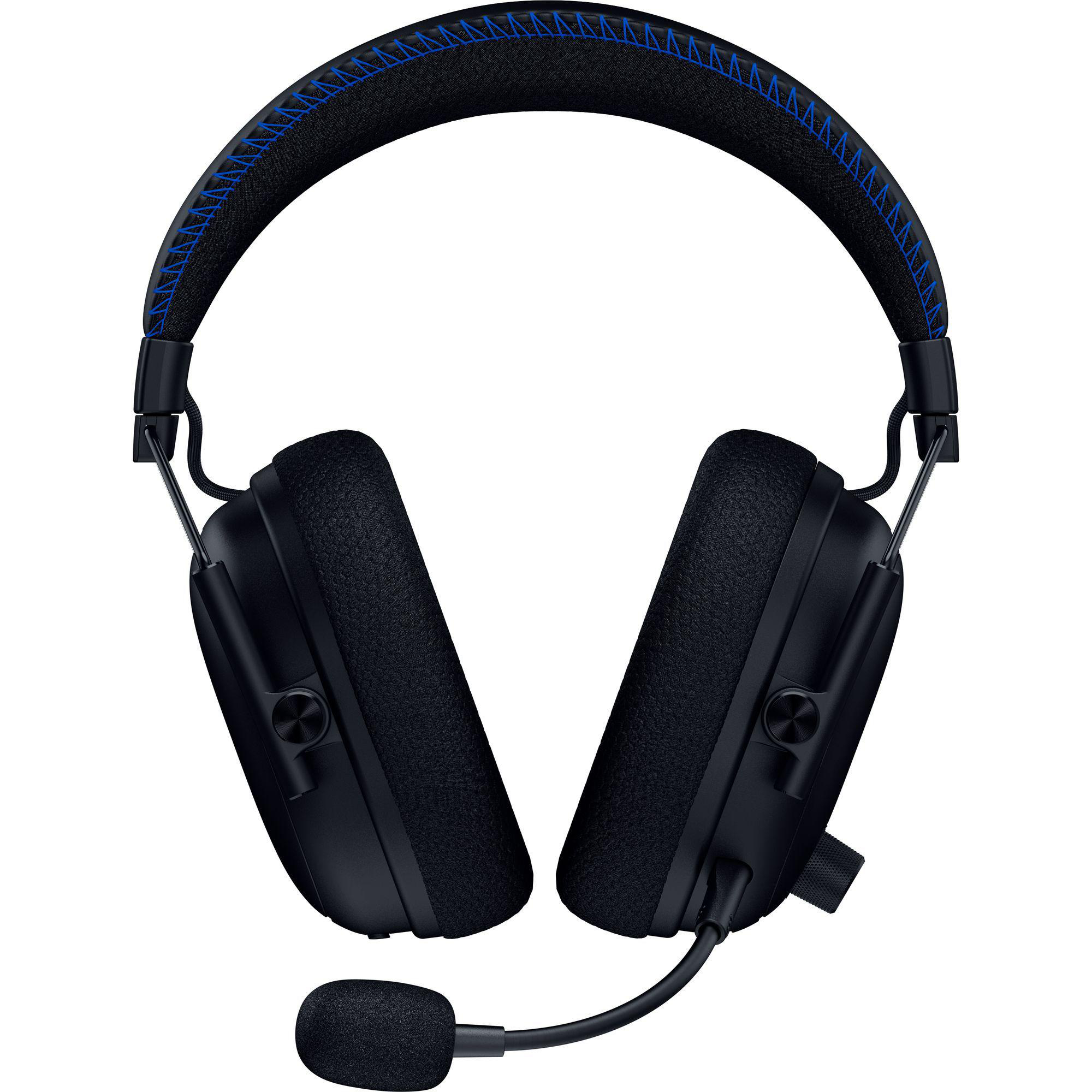 Schwarzes Gaming-Headset mit Mikrofon. Das Kopfband hat blaue Nähte. Die Ohrmuscheln sind groß und schwarz.
