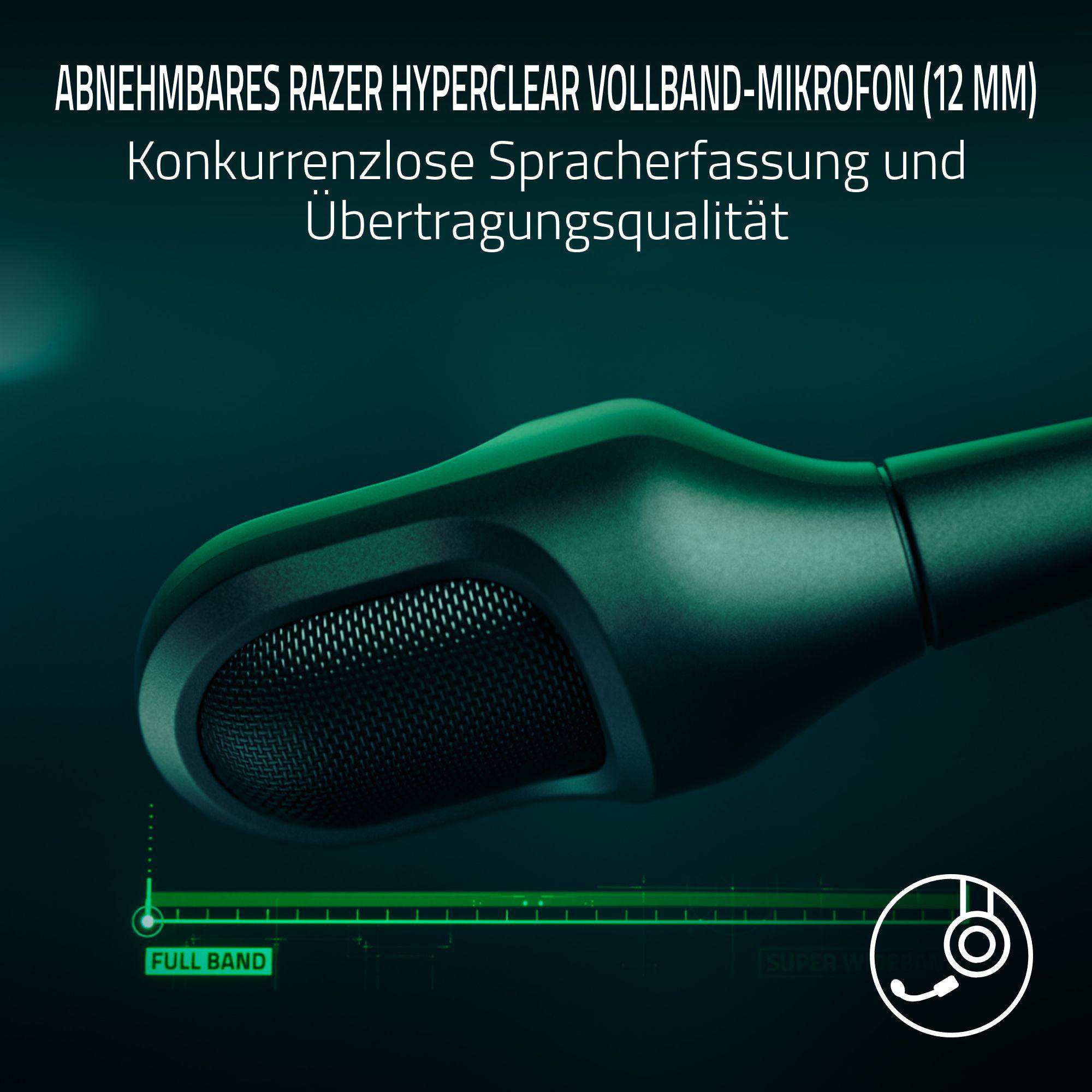 Nahaufnahme eines schwarzen Razer-Mikrofons. Es hat einen Mesh-Kopf und ist vor einem dunkelgrünen Hintergrund.