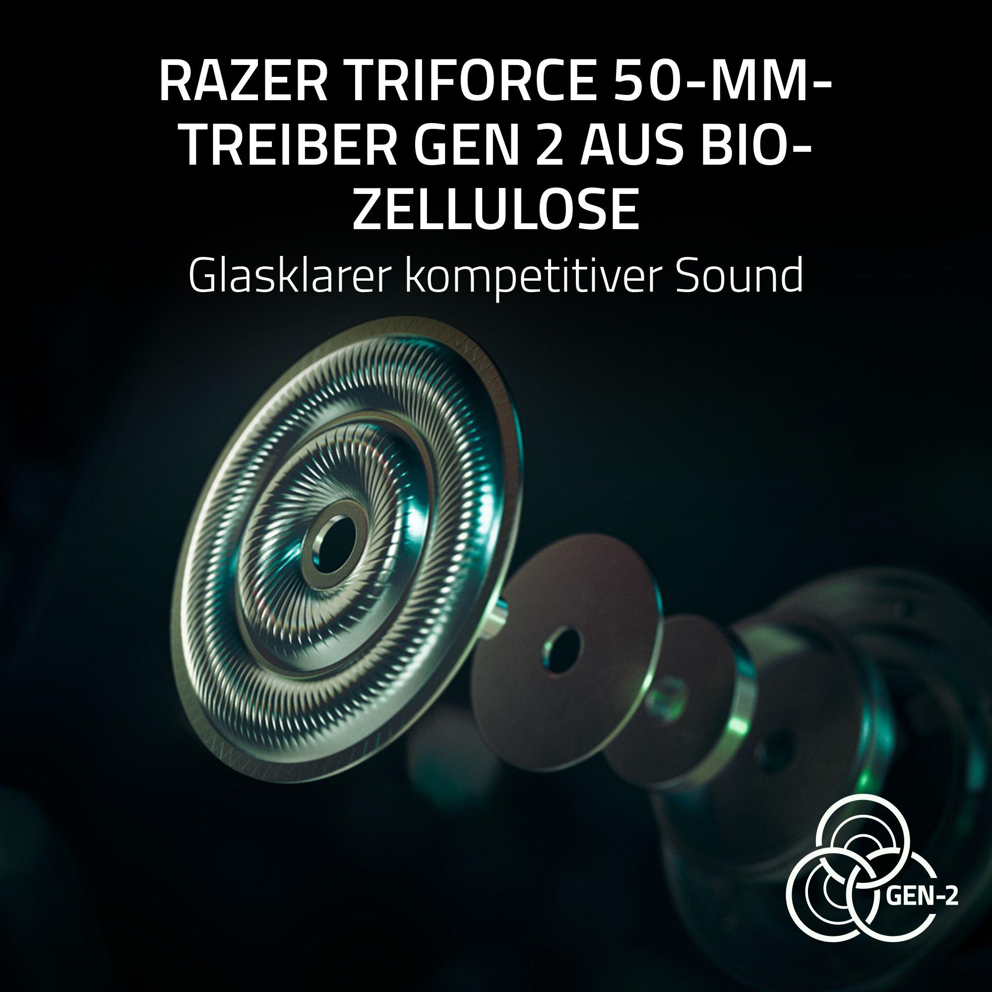 Das Bild zeigt Razer Triforce-Lautsprecherkomponenten. Der Text oben lautet Razer Triforce 50-MM-Treiber Gen 2 aus Bio-Zellulose.