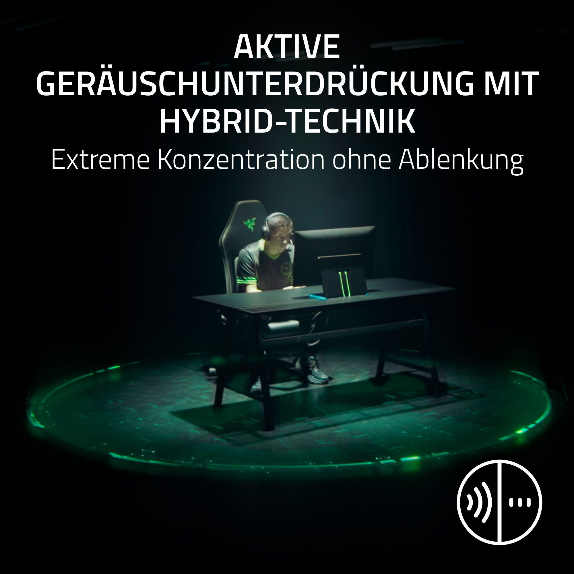 Eine Person mit Kopfhörern sitzt an einem Schreibtisch mit einem Computer. Der Hintergrund ist dunkel mit grünen Akzenten.