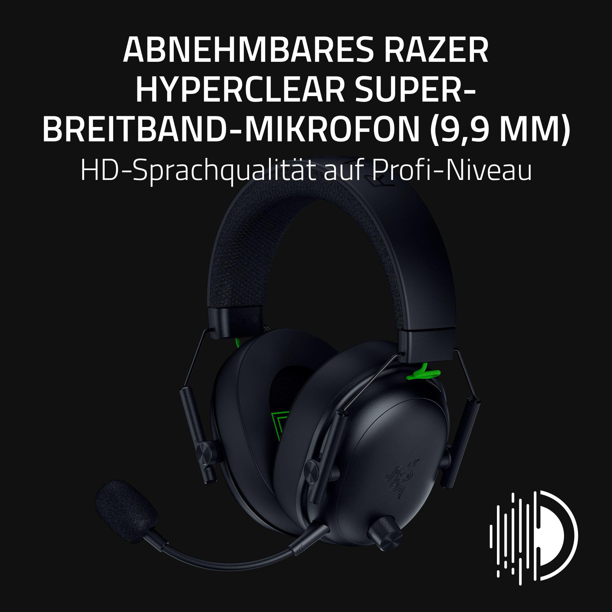 Schwarzes Razer-Headset mit Mikrofon auf schwarzem Hintergrund. Text: Hyperklar-Mikrofon, HD-Qualität.