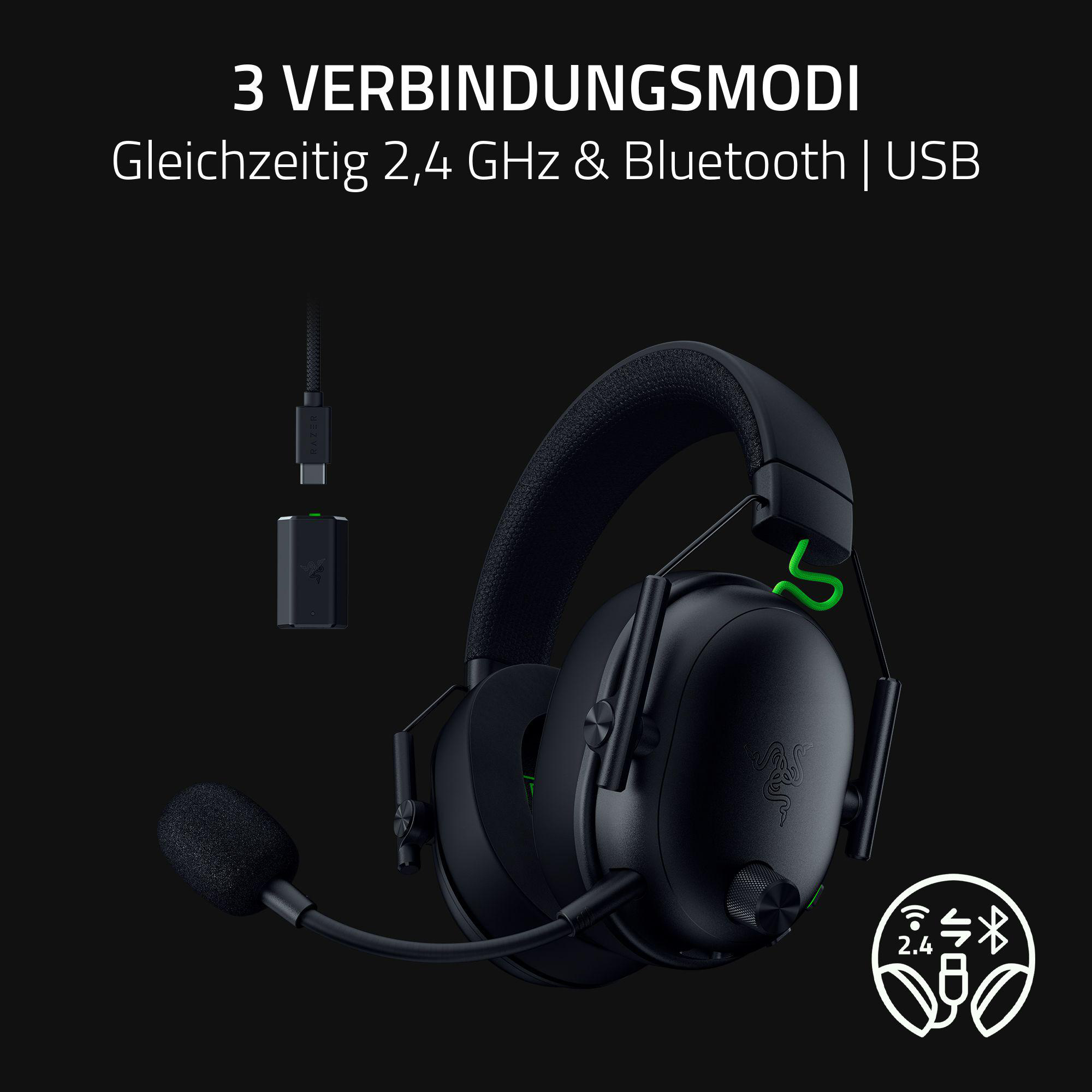 Schwarzes Headset mit Mikrofon, grünen Akzenten und kleinem USB-Empfänger. Text: '3 Verbindungsmodi' und Verbindungstypen.
