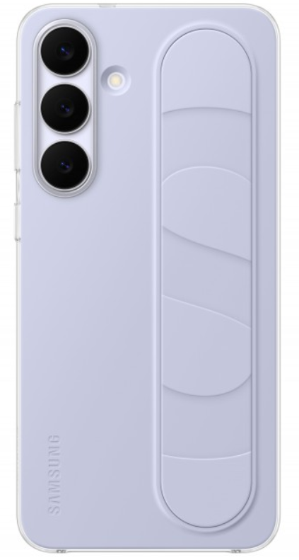 Világos lila Samsung telefon tokkal. Három kamerája és egyedi fogantyú kialakítása van a hátoldalon.