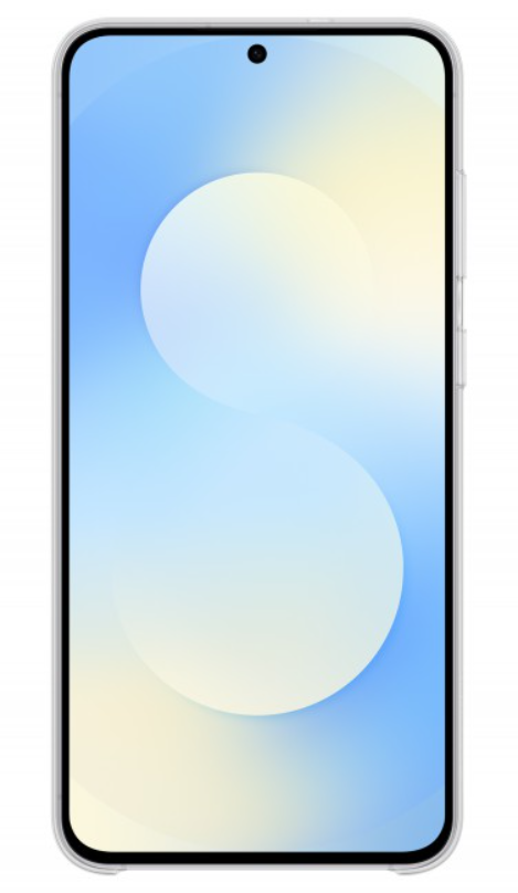 Egy okostelefon kék-sárga színátmenetes képernyővel. Felül egy kamera látható. A telefon átlátszó tokban van.