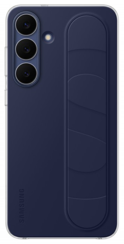 Egy sötétkék telefontok átlátszó kerettel. Három kameralencséje és egy függőleges fogantyúja van. A Samsung logó látható.