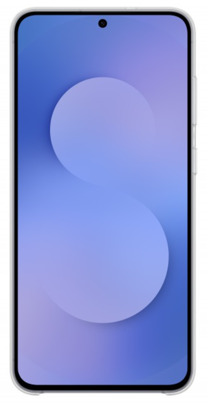 Egy okostelefon kék és lila színátmenetes képernyővel. Felül egy kamera található. A telefon átlátszó tokban van.