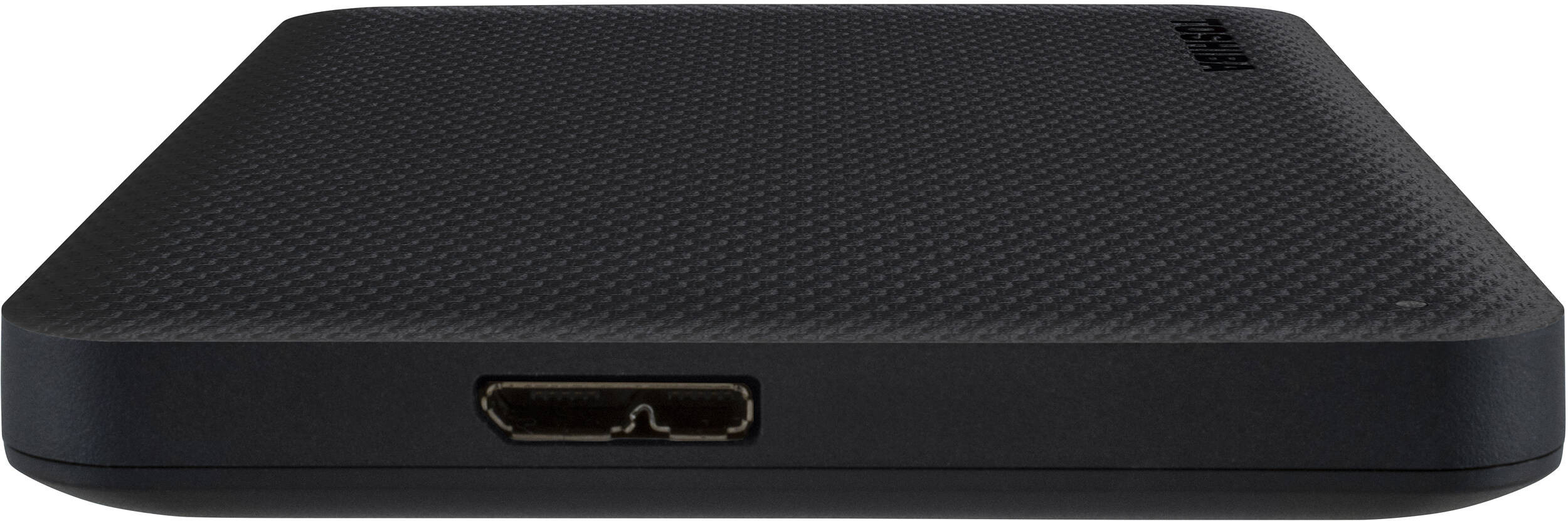 Disque dur externe noir Toshiba. Il a un dessus texturé et un port à l'avant. Logo Toshiba visible.