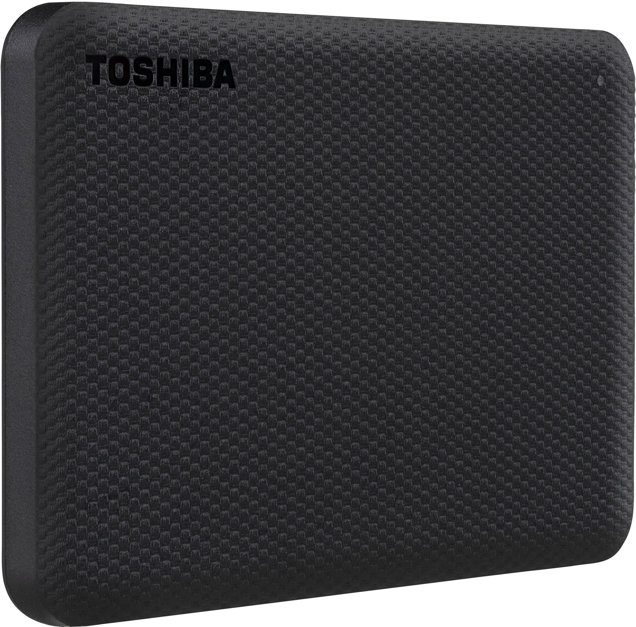 Disque dur externe Toshiba noir. Surface texturée avec motif. Logo visible en haut.