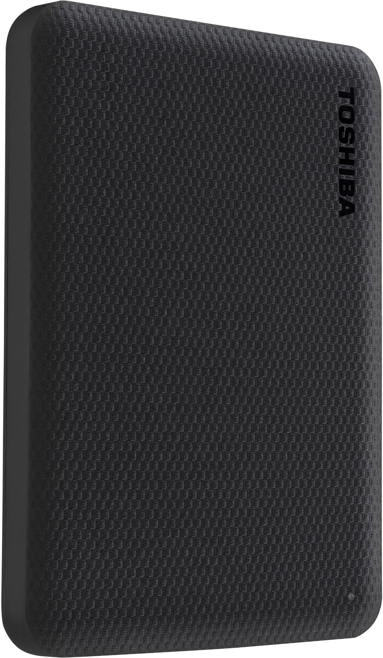 Disque dur externe Toshiba noir. Il a une surface texturée. Le logo Toshiba est sur le côté droit.