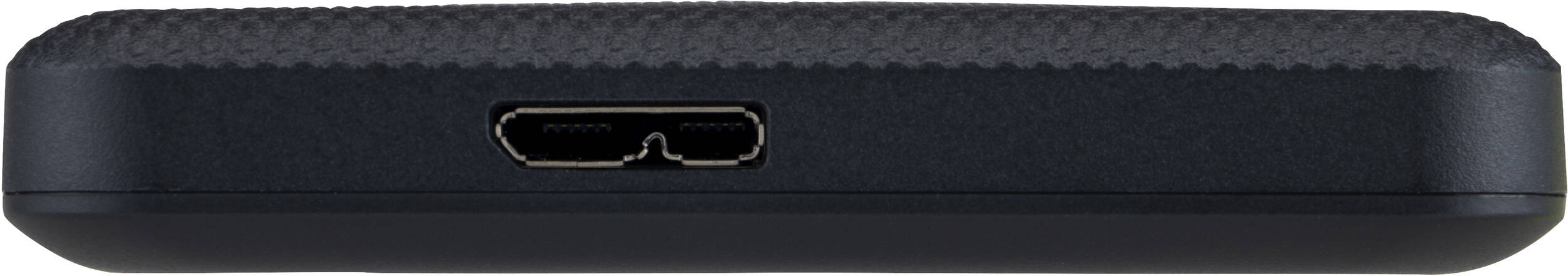 Un appareil rectangulaire noir avec un port. La surface supérieure a un motif texturé.