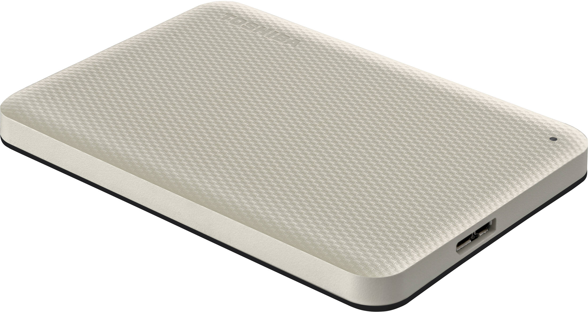 Disque dur externe Toshiba crème. Surface texturée avec le logo Toshiba et un port USB.