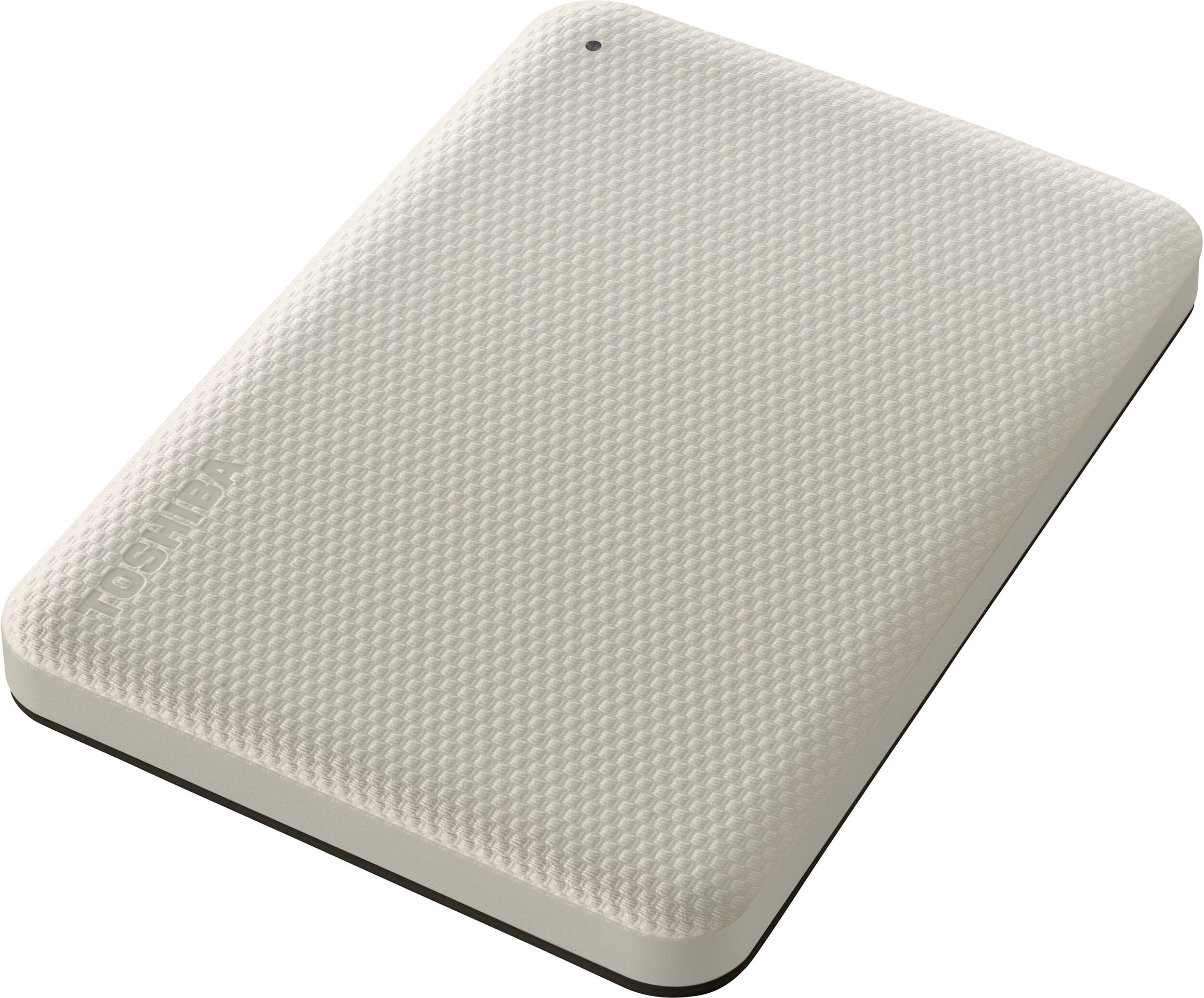 Disque dur externe Toshiba beige, surface texturée, bord noir et un petit point noir. Le logo Toshiba est visible.