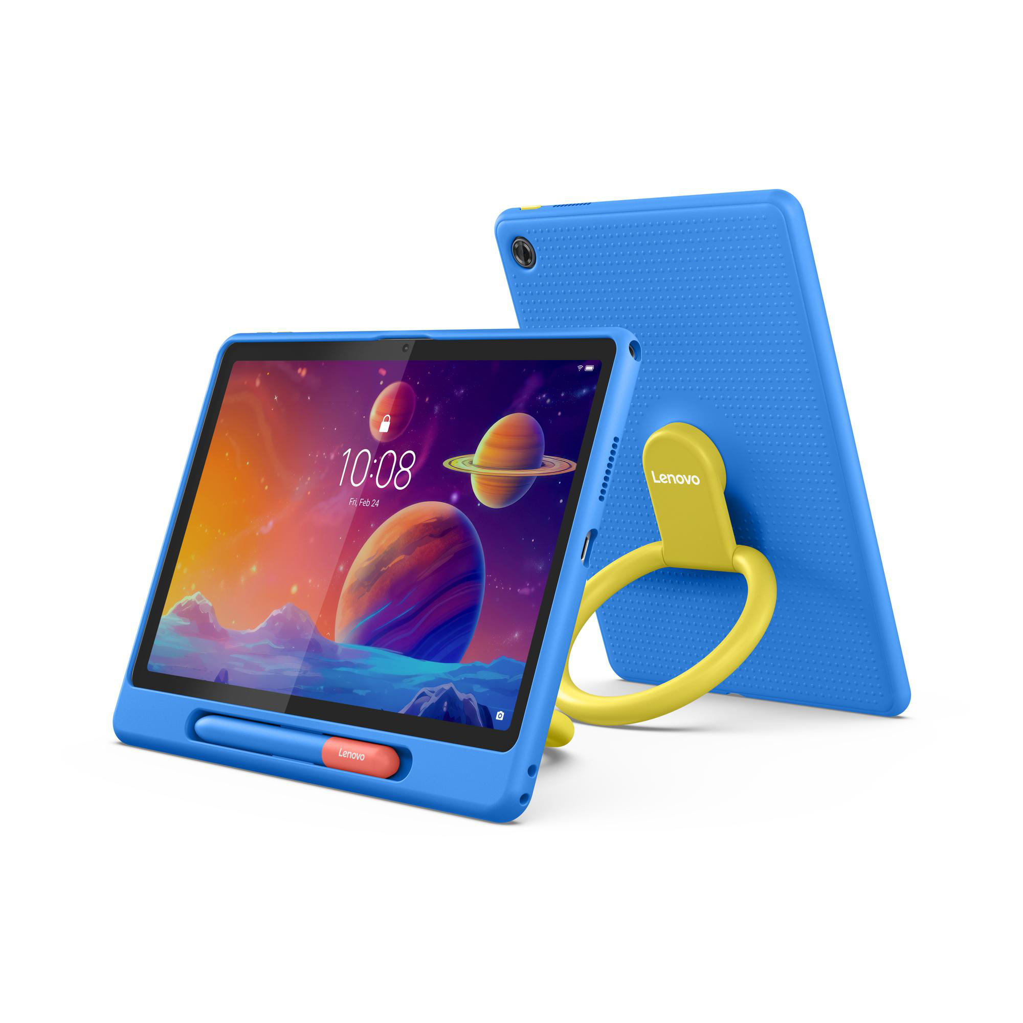 Blaues Lenovo-Tablet mit gelbem Griff, das einen Weltraum-Sperrbildschirm zeigt. Ein weiteres Tablet steht dahinter.
