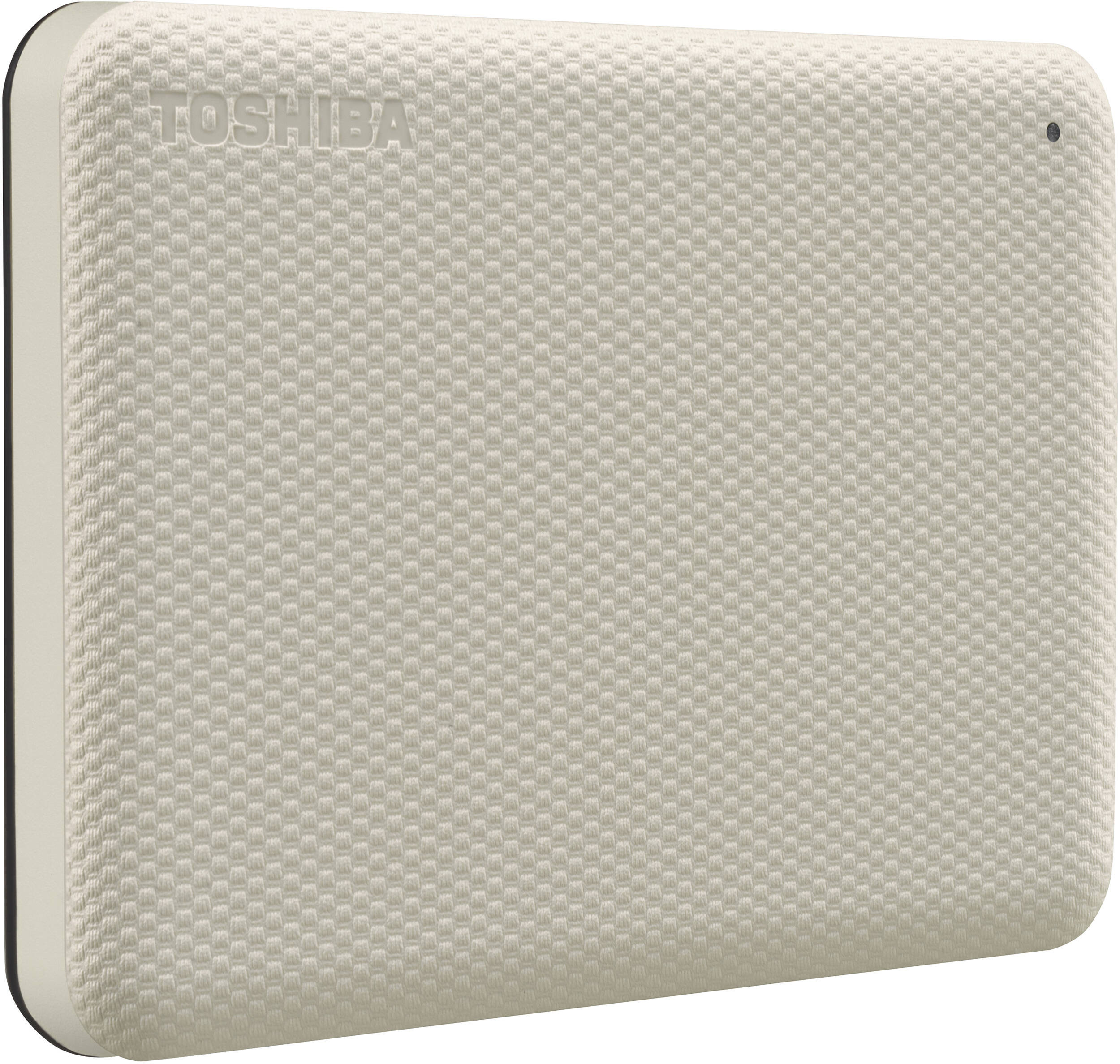 Disque dur externe Toshiba beige, surface texturée, nom de la marque en relief sur le dessus.