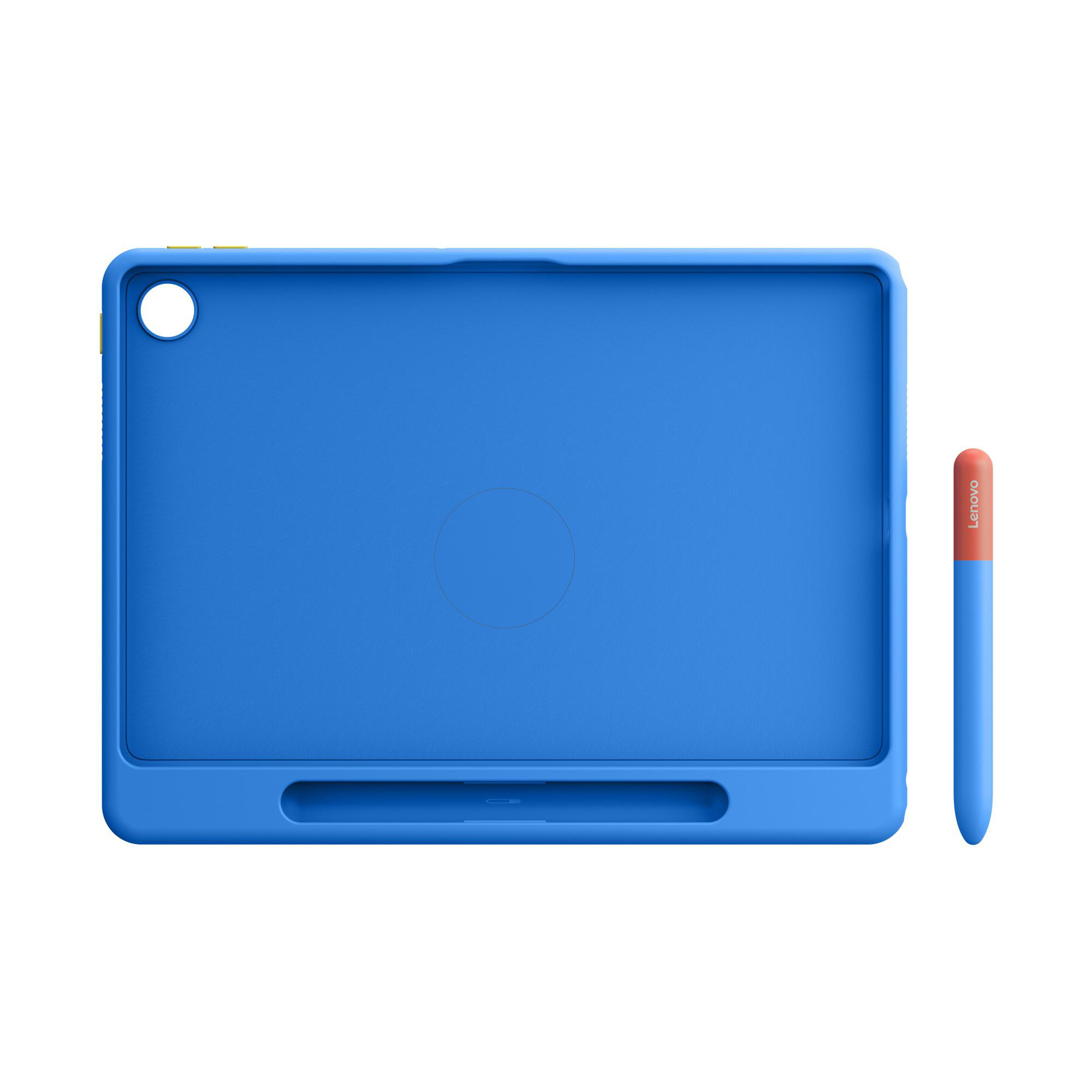 Blaue Tablethülle mit blauem Stift, orangefarbene Spitze. Die Hülle hat ein Loch und eine Halterung für den Stift.