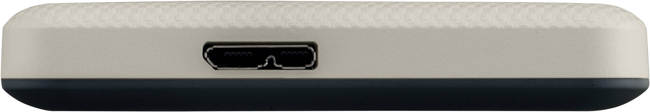 Un appareil rectangulaire beige et bleu foncé avec un port USB est montré.