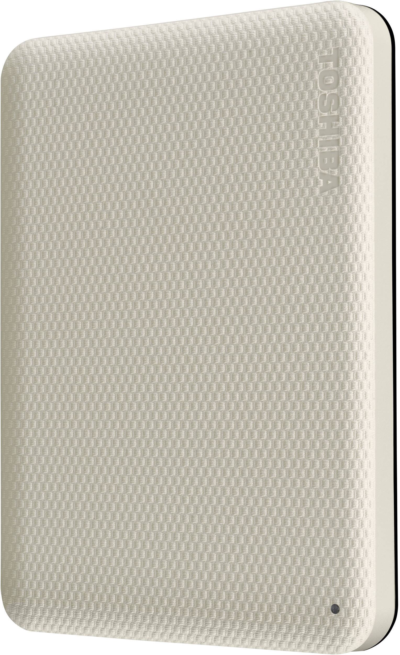 Disque dur externe Toshiba beige, surface texturée avec logo. Bord noir à droite, petit bouton sombre en bas.