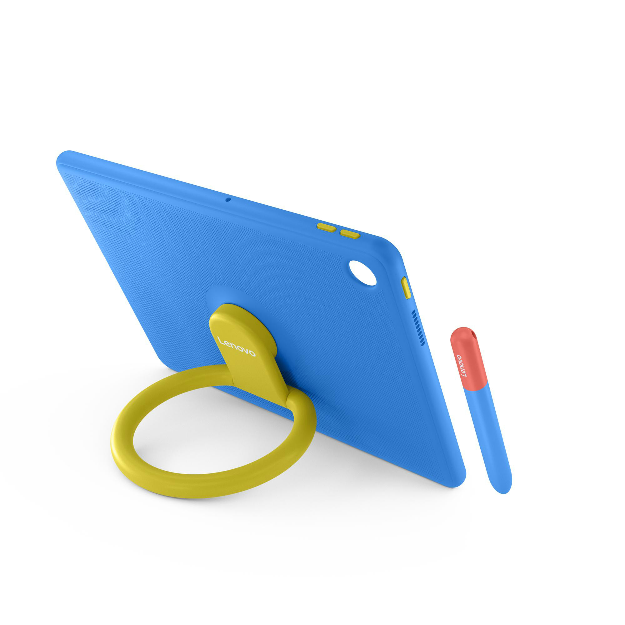 Blaues Tablet mit gelbem Ringständer und Stift mit roter Spitze, alles auf weißem Hintergrund. Lenovo-Branding sichtbar.