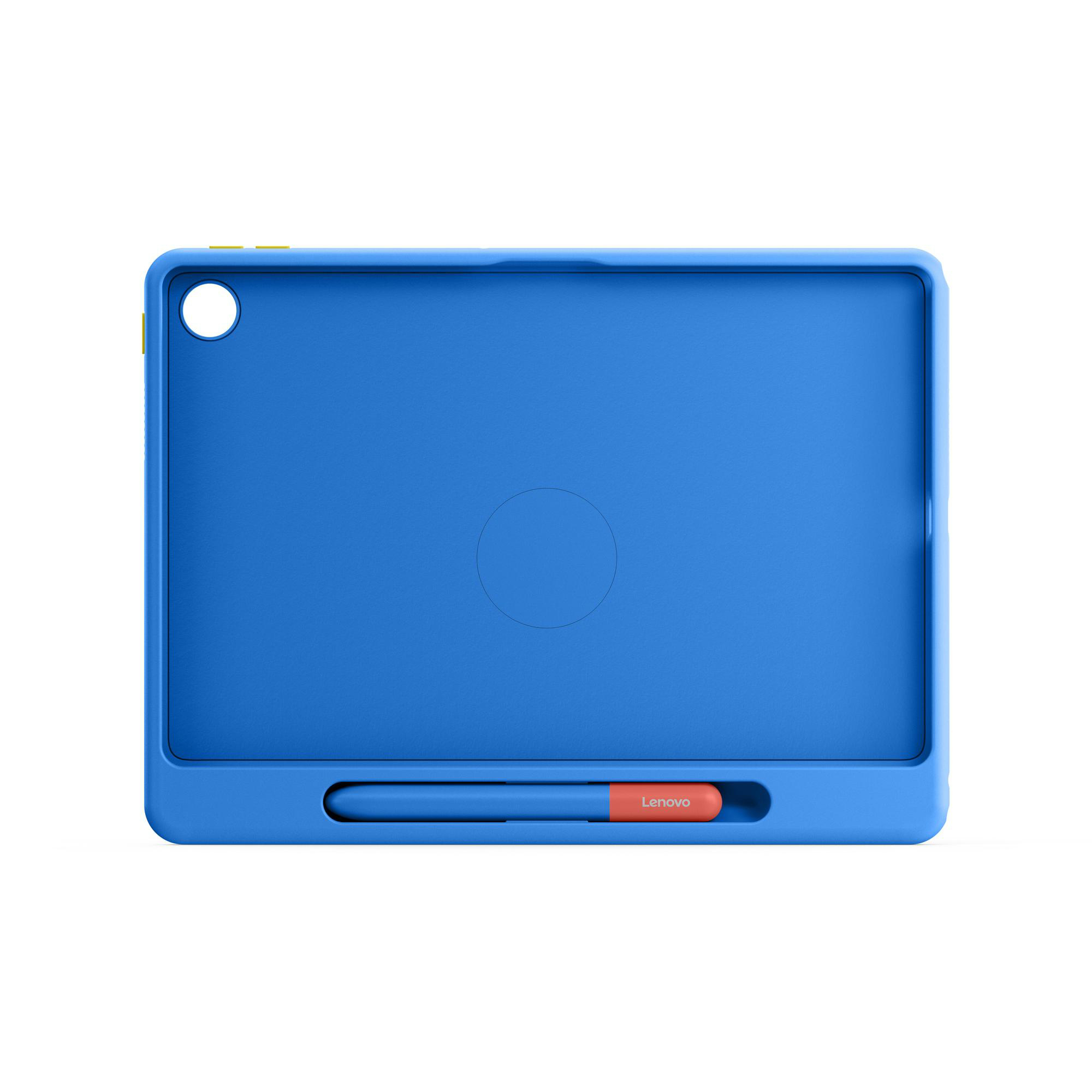 Blaue Tablet-Hülle mit Stiftschlitz. Es hat ein abgerundetes Design. Das Lenovo-Logo ist sichtbar.