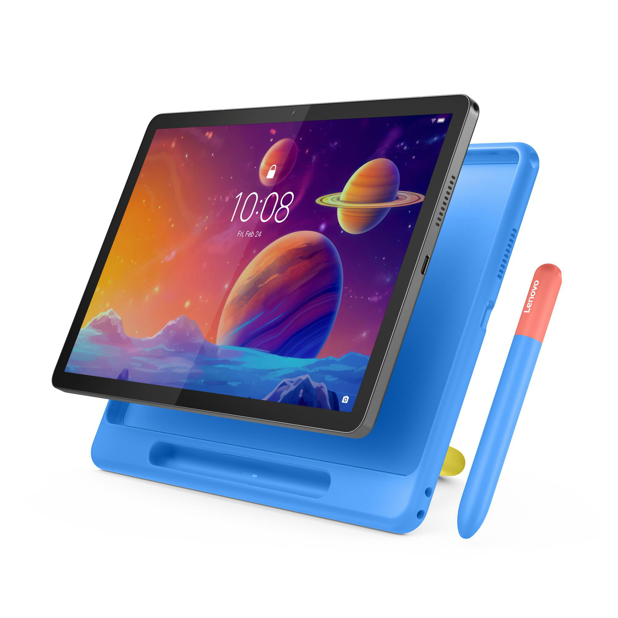 Tablet mit Planeten-Themen-Bildschirm, in blauem Gehäuse, Stift. Die Uhrzeit ist 10:08. Stift der Marke Lenovo rechts.