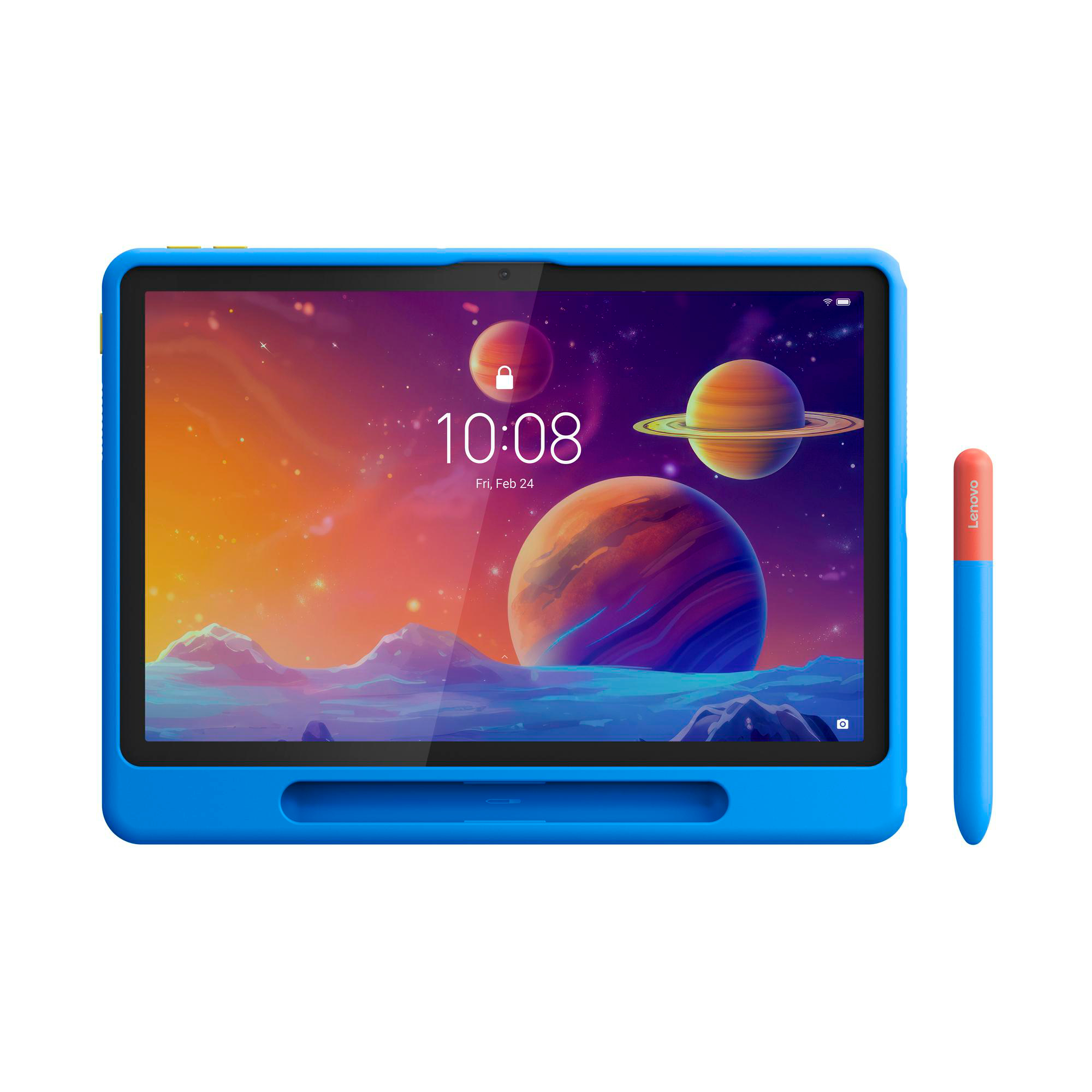 Blaues Tablet mit Weltraumszene, orange-blauer Stift rechts. Uhrzeit: 10:08.