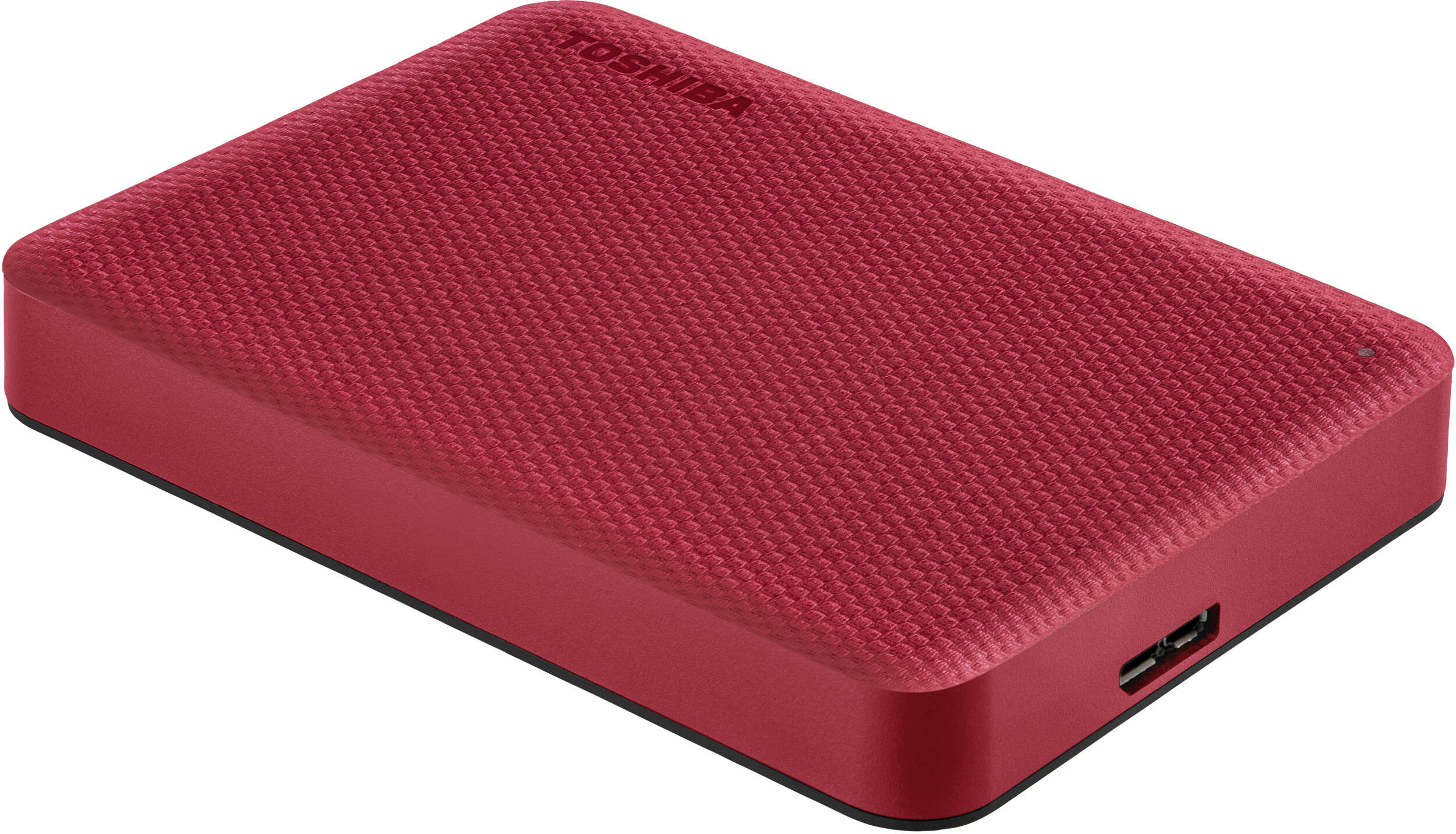 Disque dur externe Toshiba rouge, rectangulaire avec dessus texturé. Port USB sur le côté. Logo Toshiba dessus.