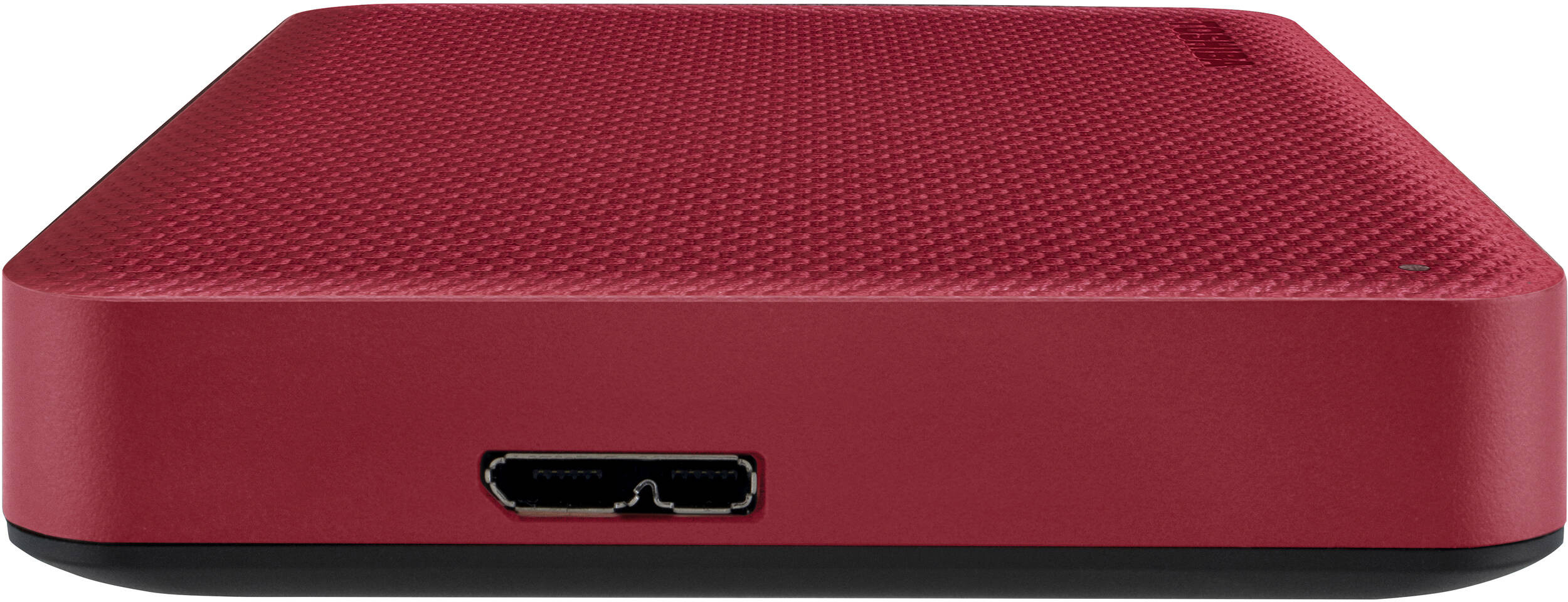 Disque dur externe rouge. Il a un dessus texturé, un port USB et la marque Toshiba est visible.