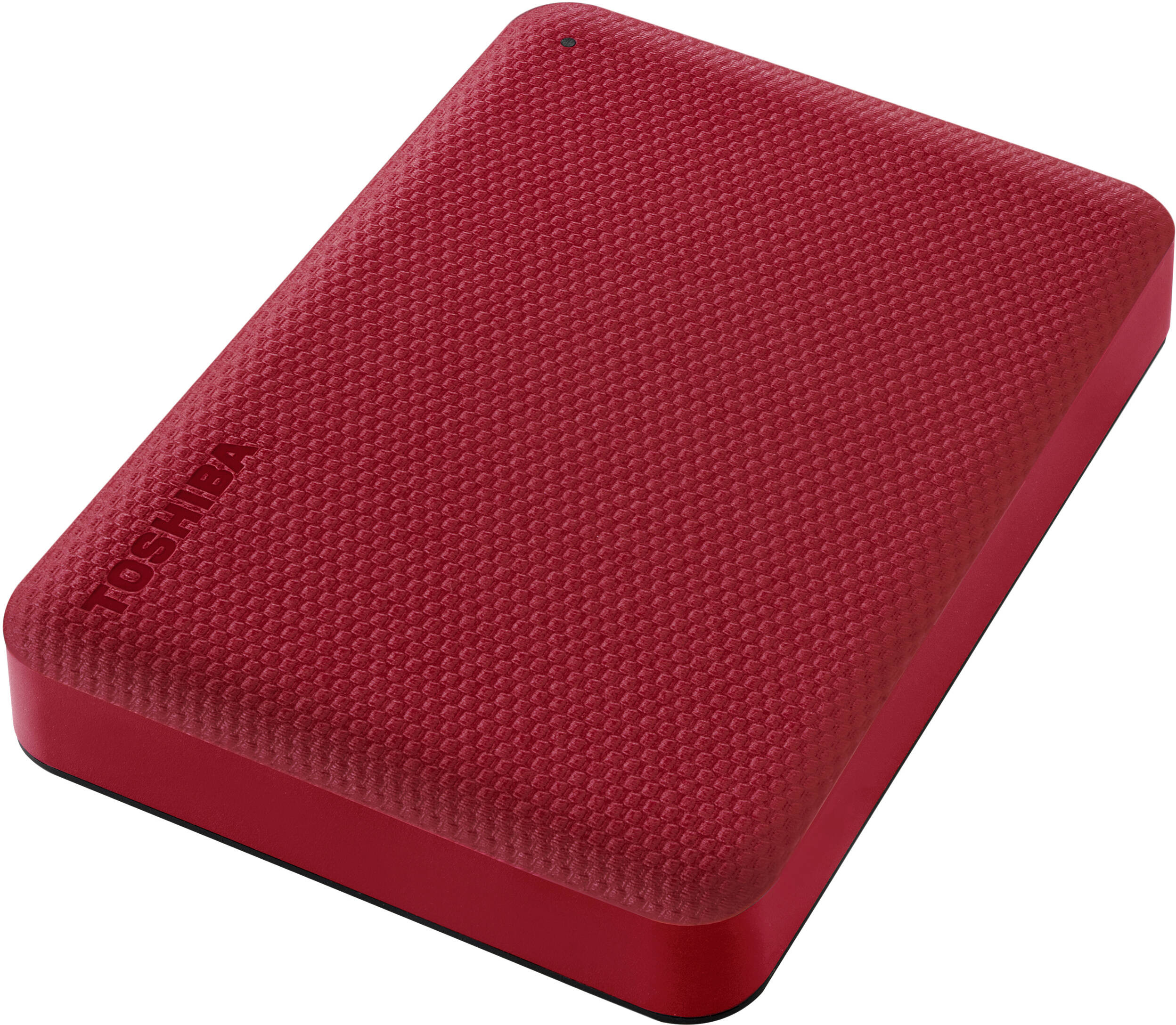 Disque dur externe rouge Toshiba avec surface texturée, sur fond blanc.