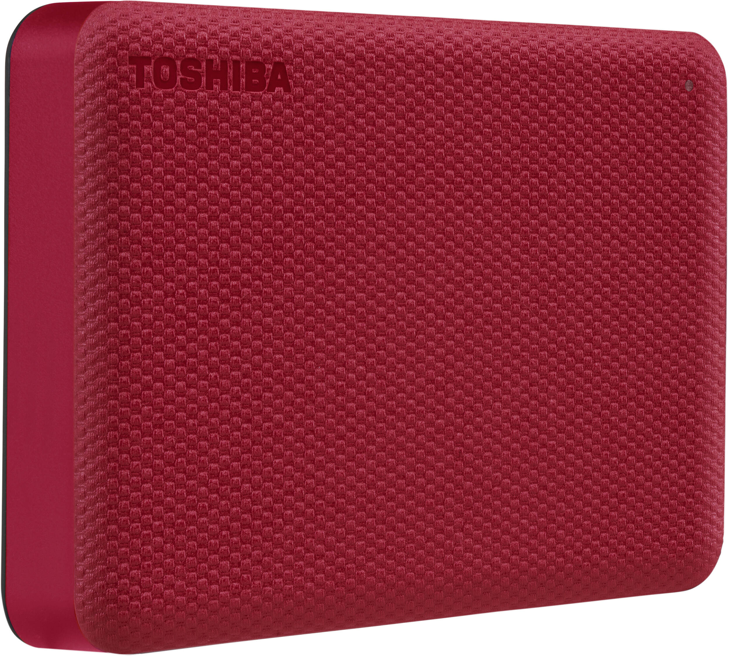 Disque dur externe Toshiba rouge. La surface a un motif texturé, et le logo Toshiba est visible.