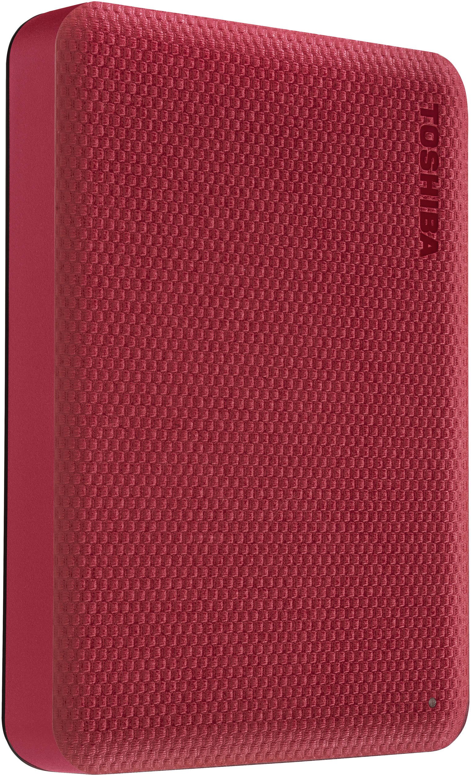 Un disque dur externe Toshiba rouge. La surface texturée et le logo Toshiba sont visibles.