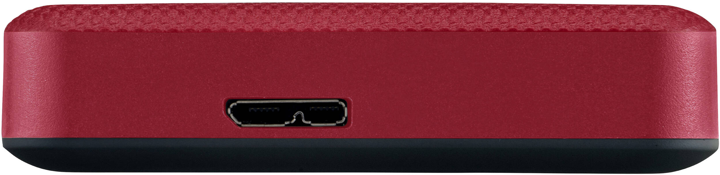 Un appareil rectangulaire rouge avec un port USB. Le bas est noir. Le haut est rouge texturé.