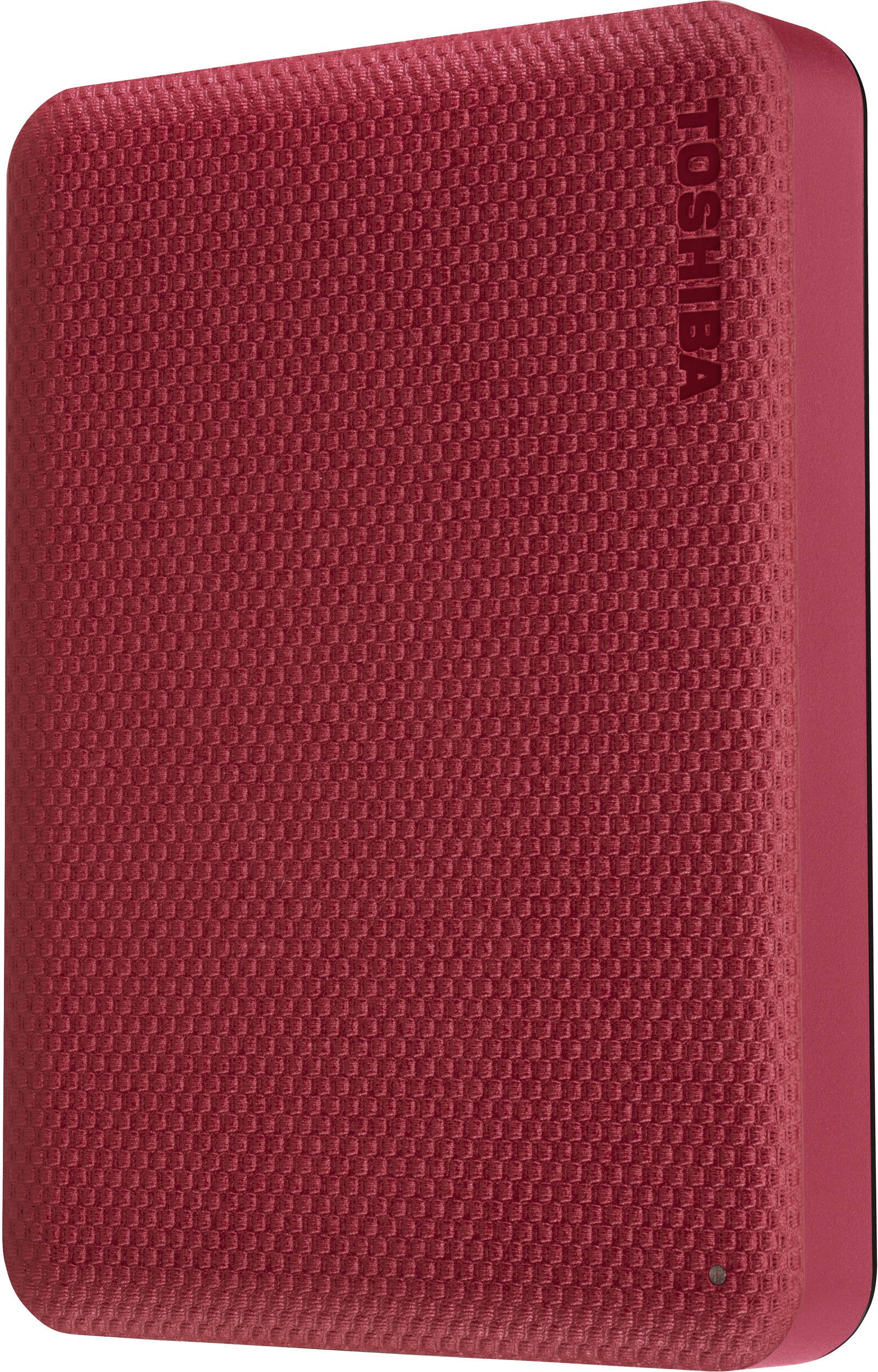 Disque dur externe Toshiba rouge texturé, avec logo sur le côté. La surface est à motifs.