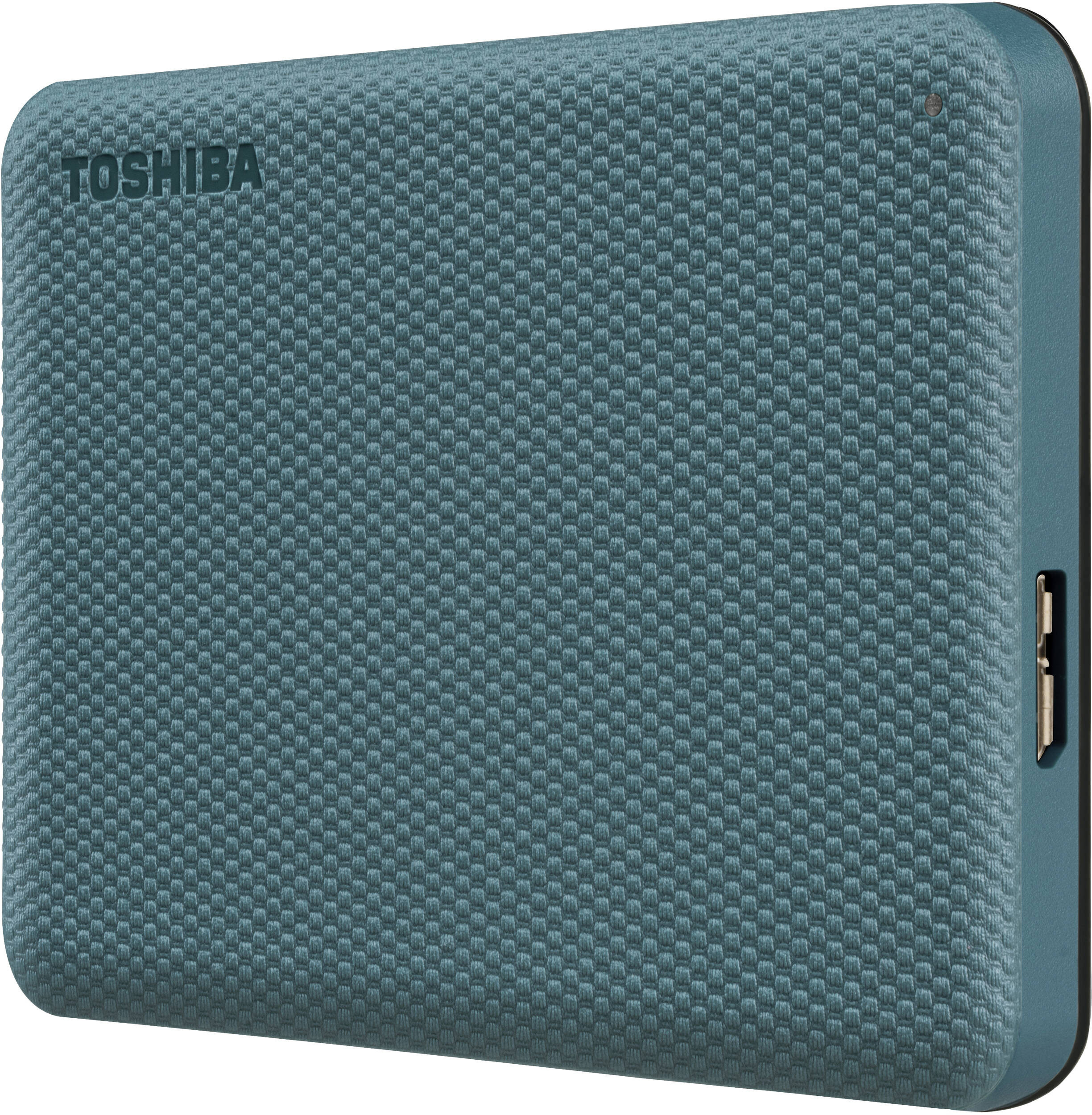 Un disque dur externe Toshiba texturé, de couleur sarcelle. Le port USB est sur le côté, avec le nom de l'entreprise en haut.