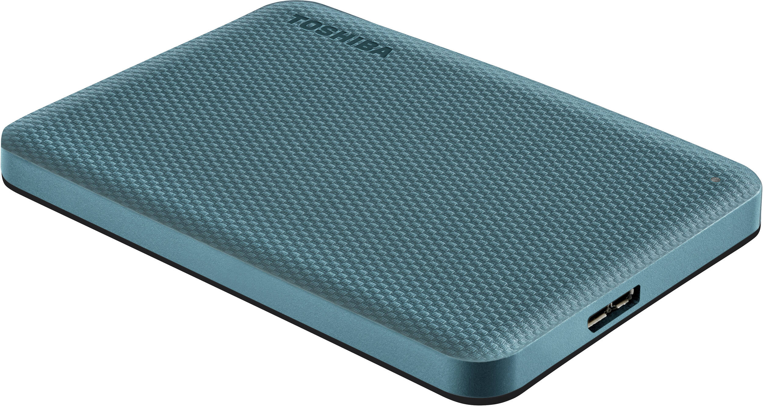 Un disque dur externe Toshiba turquoise. Il a un dessus texturé, un côté lisse et un port USB. La marque est visible.