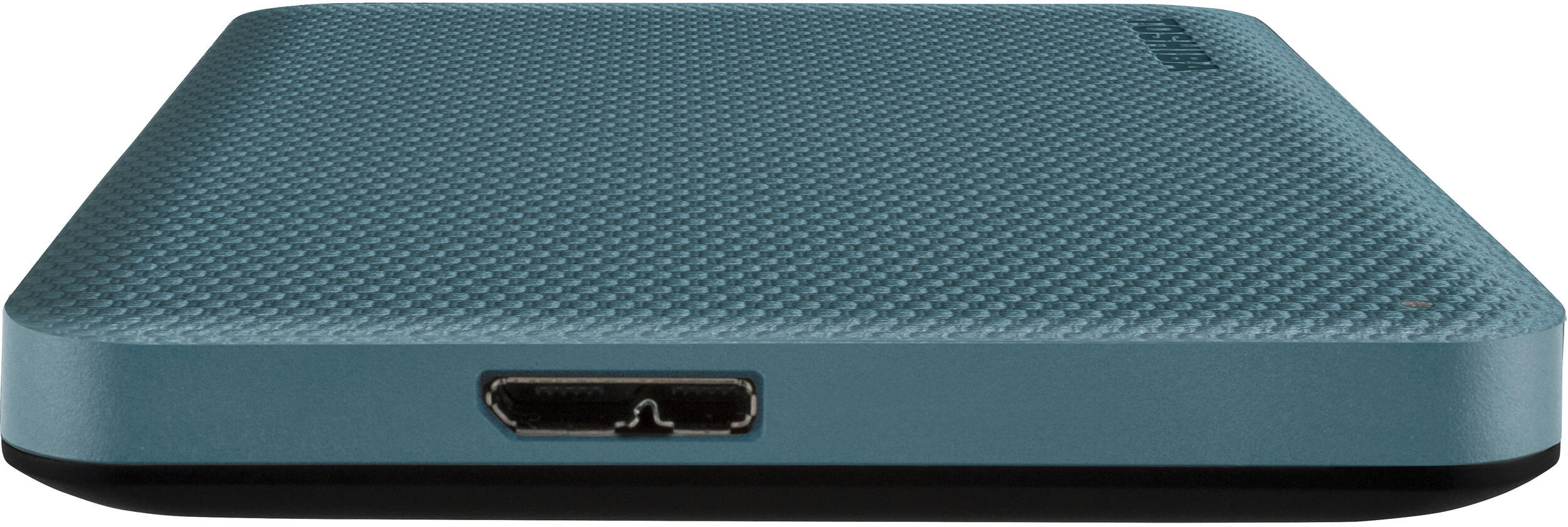 Disque dur externe sarcelle avec dessus texturé, fond noir et un port.