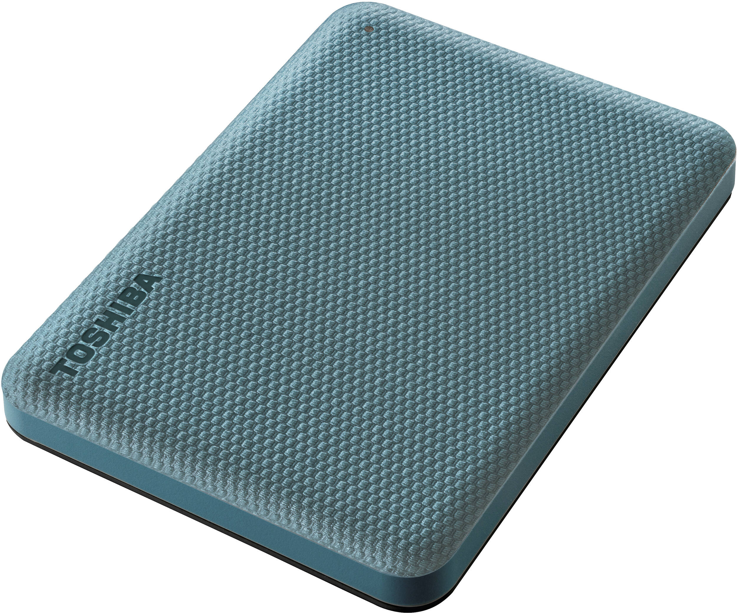 Un disque dur externe Toshiba de couleur sarcelle. Il a une surface texturée avec le nom de la marque sur le dessus.