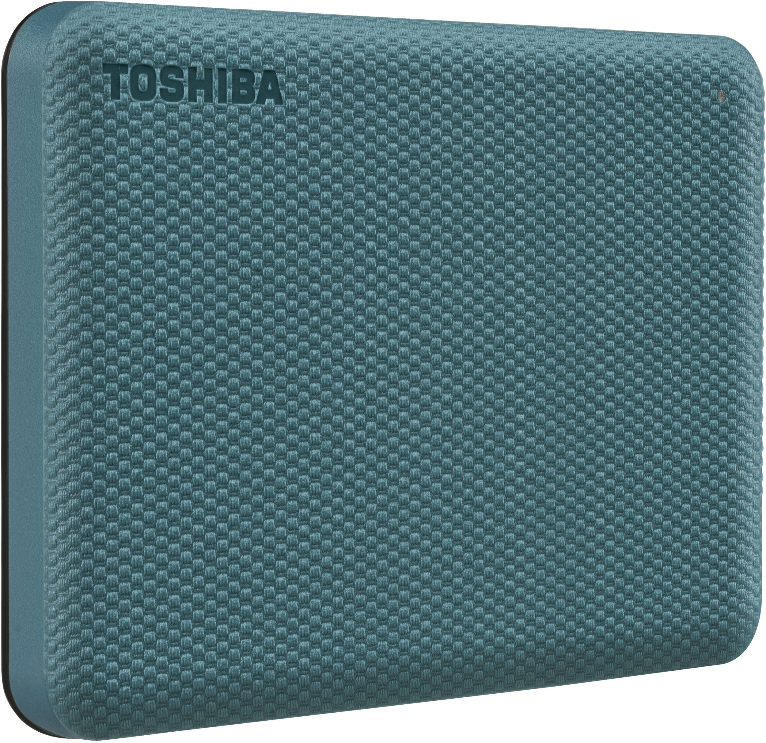 Disque dur externe Toshiba turquoise. La surface texturée porte le nom de la marque. Les bords sont turquoise foncé.