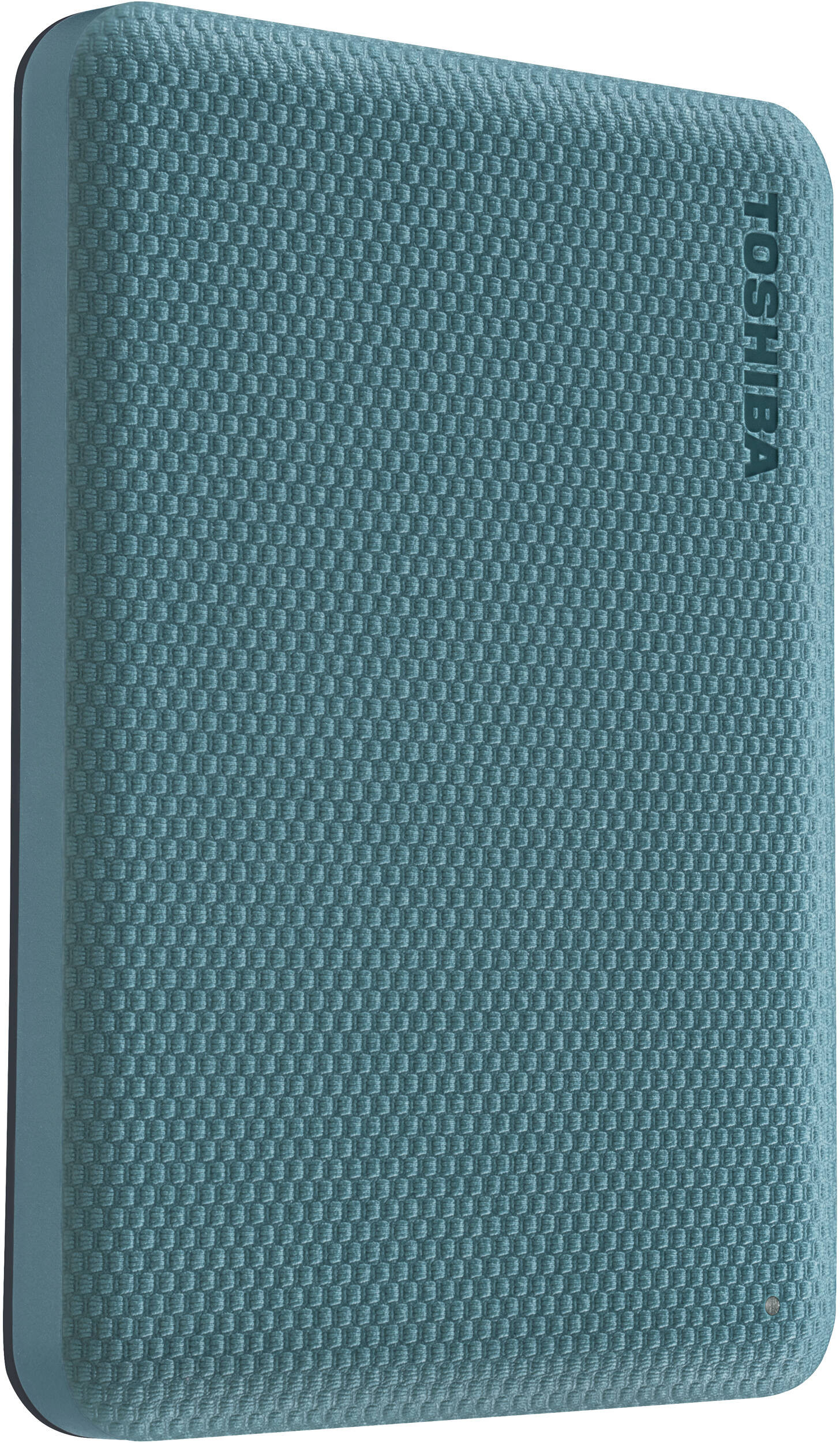 Un disque dur externe Toshiba turquoise. Il a une surface texturée et le logo Toshiba est imprimé verticalement.