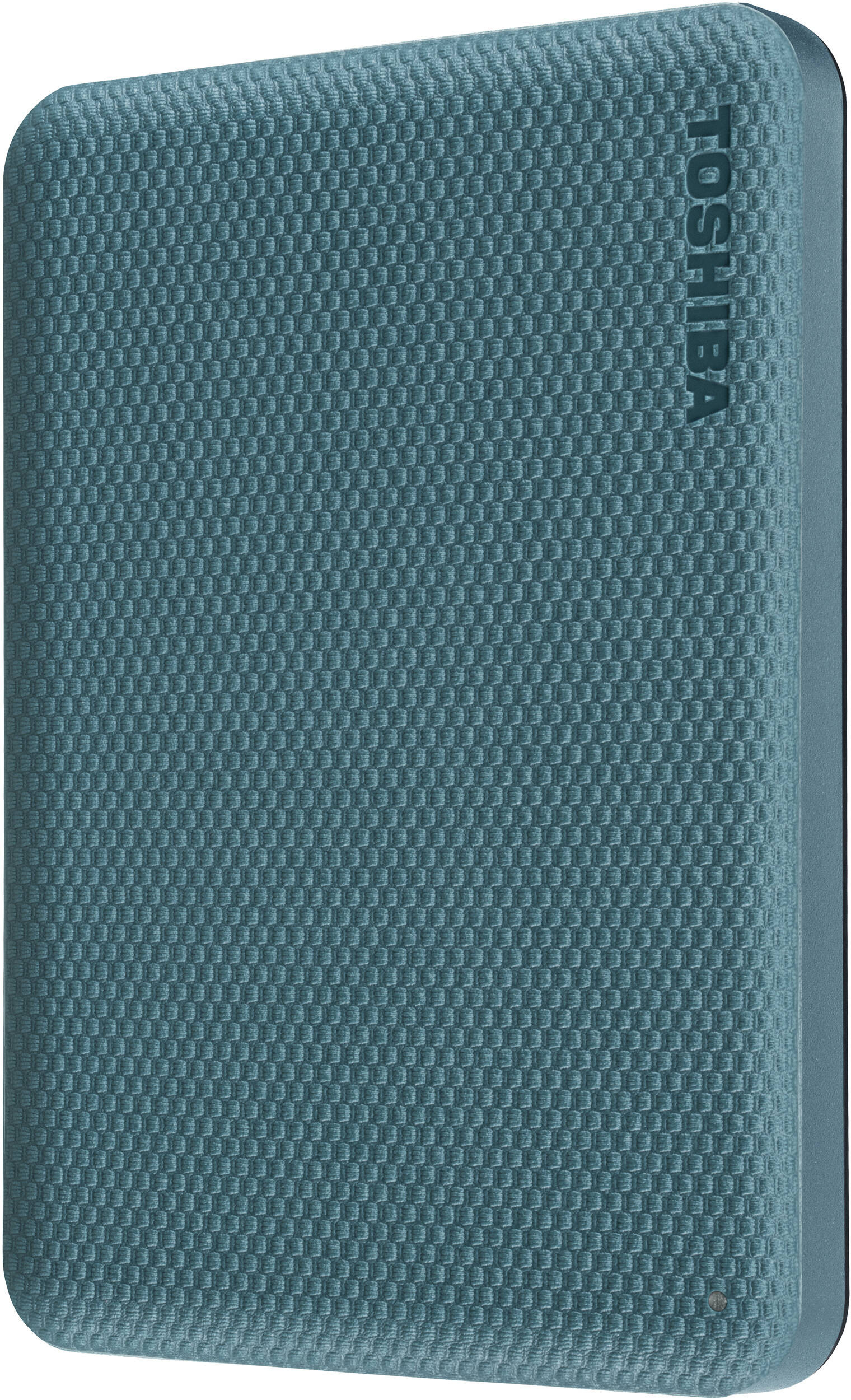 Un disque dur externe Toshiba turquoise. La surface a une texture tissée. Le nom de la marque est visible en blanc.