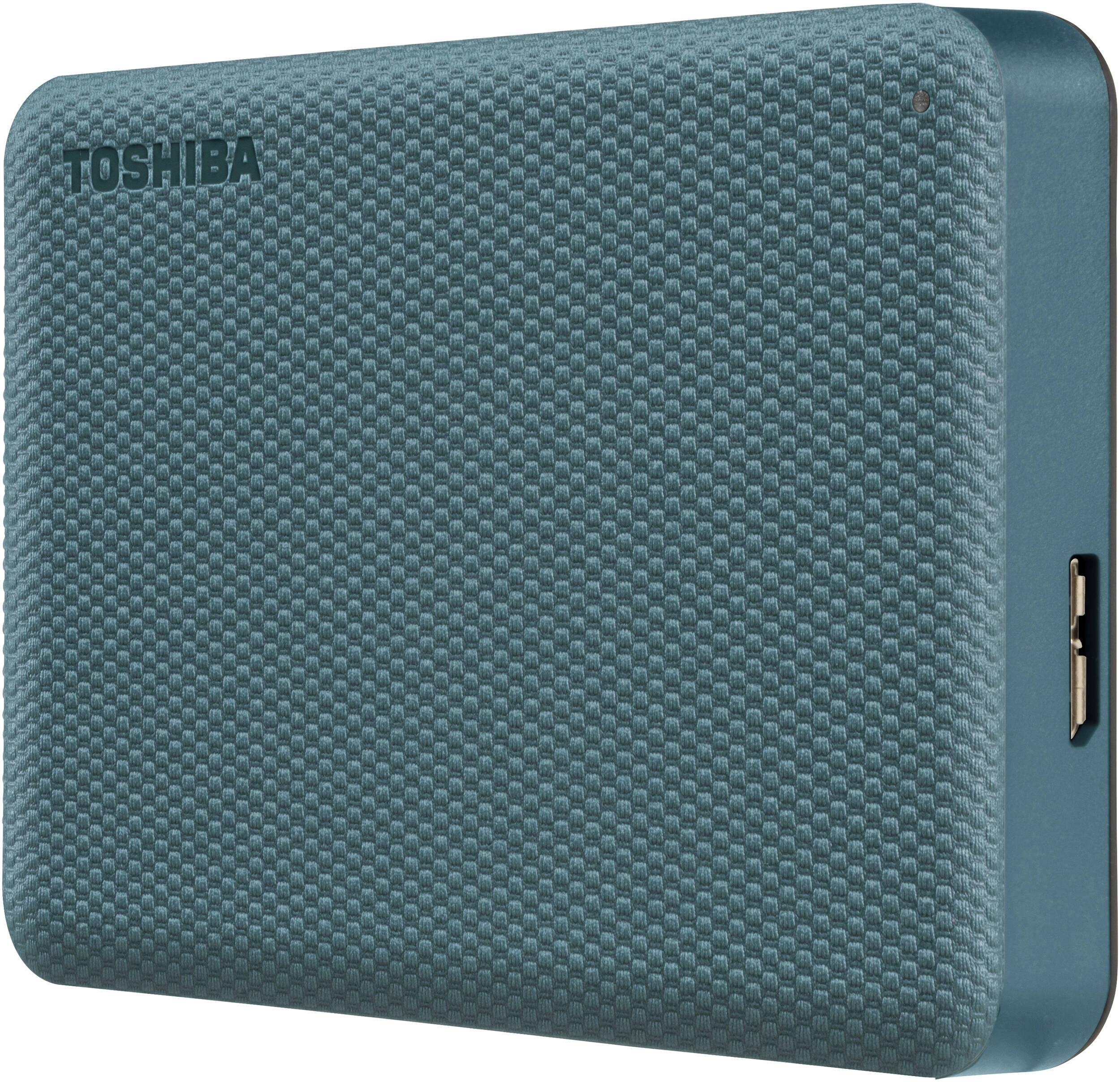 Disque dur externe Toshiba turquoise. Il a une surface texturée avec le logo Toshiba et un port USB.