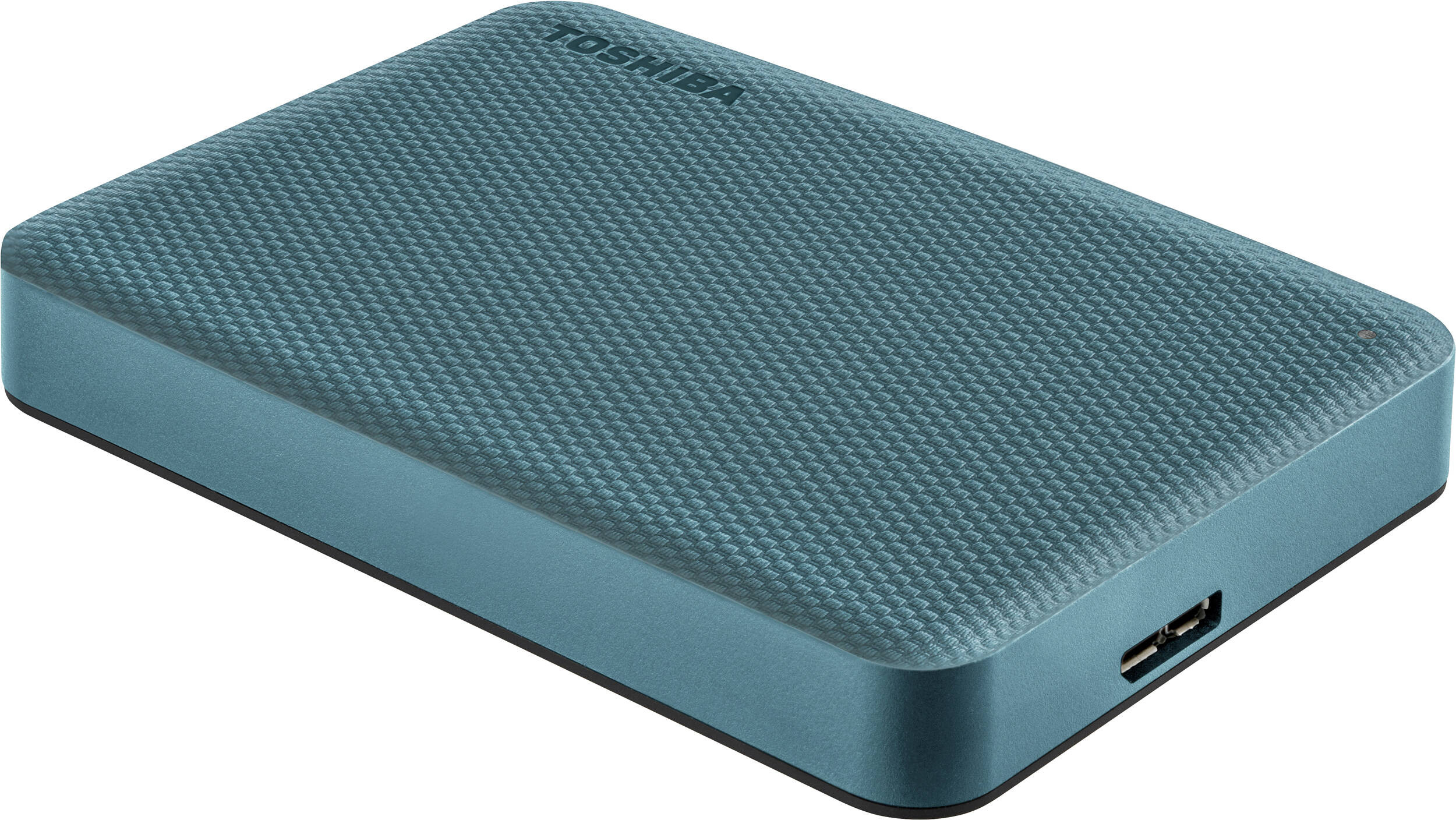 Disque dur externe Toshiba turquoise. Le dessus a un motif texturé. Port USB sur le côté. La marque est visible.