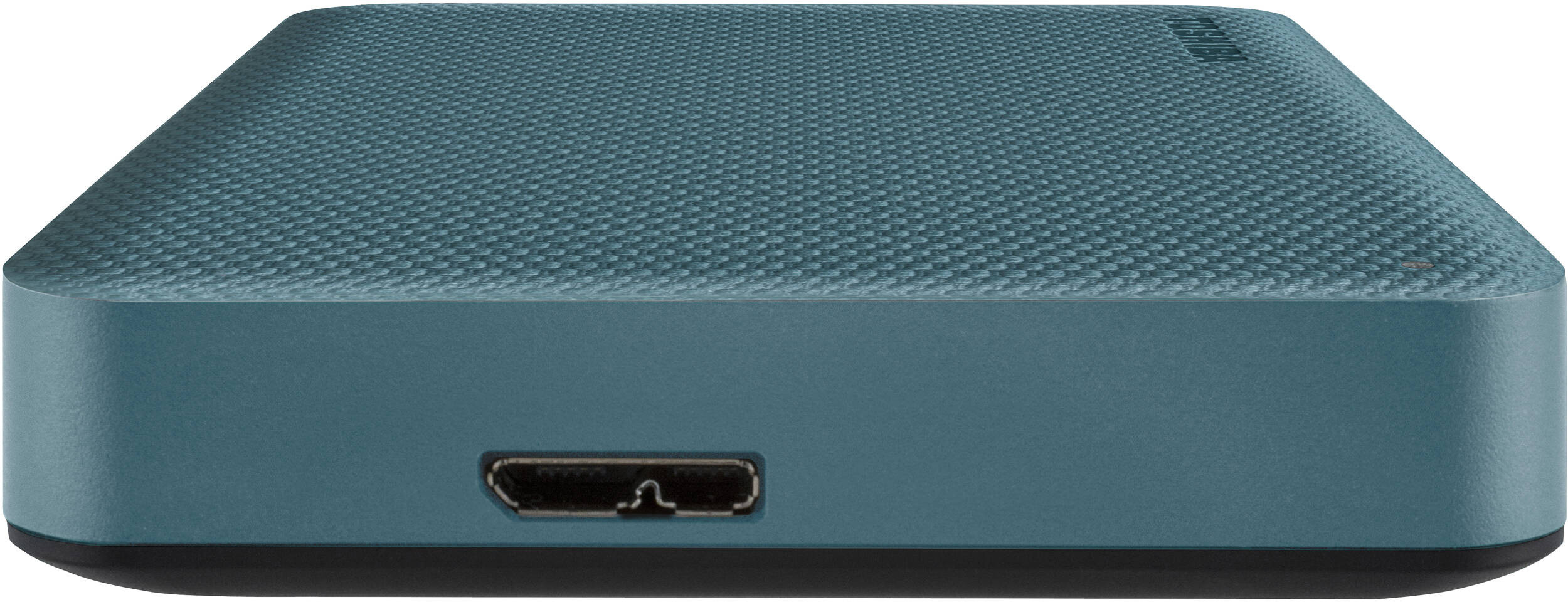 Un disque dur externe turquoise. Il a un dessus texturé et un port USB. Le bas est noir.