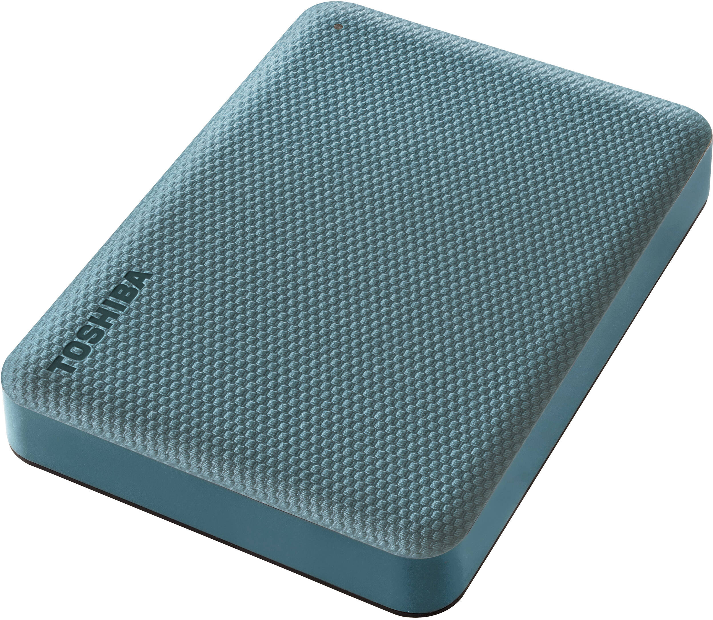 Un disque dur externe Toshiba de couleur sarcelle. Le dessus a un motif texturé, les côtés sont lisses et sarcelle.